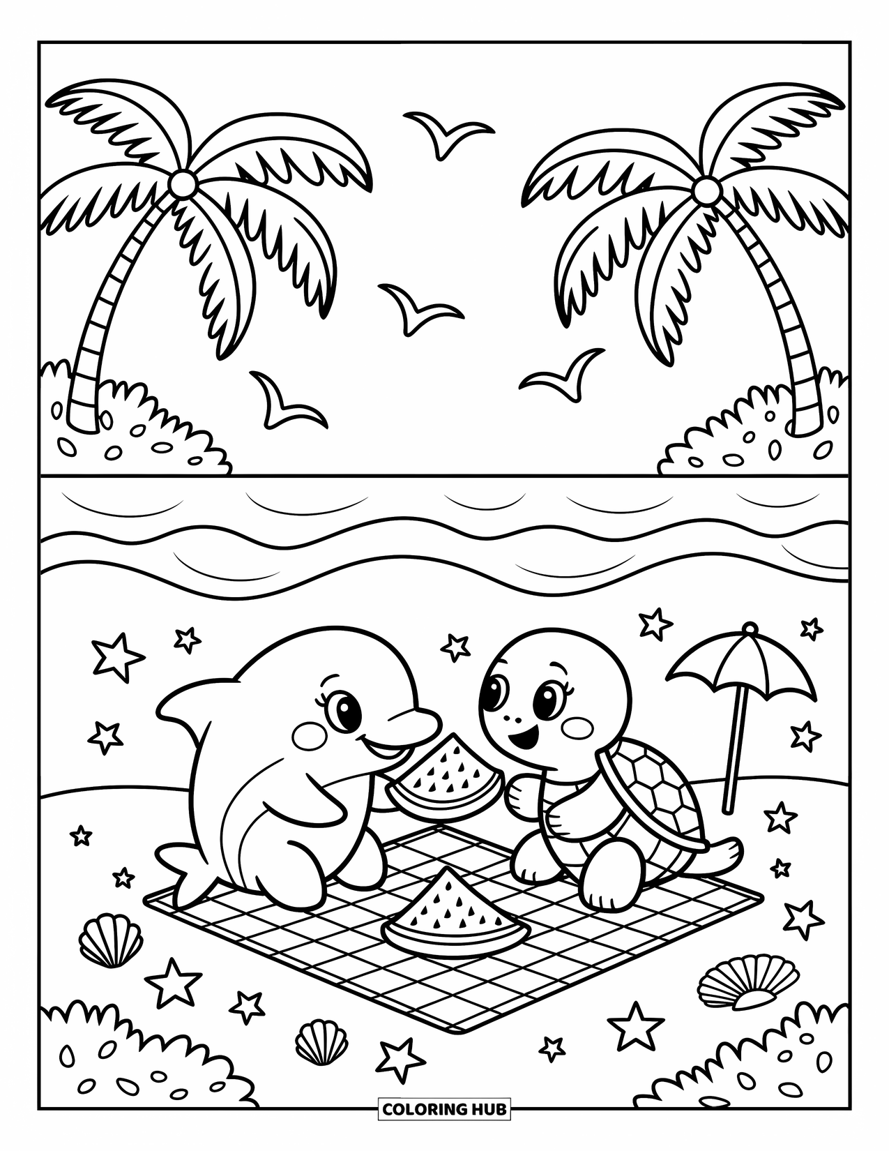 Dolphin Coloring Page for Adults: A dolphin and a turtle enjoy a picnic underwater with seashells and starfish around