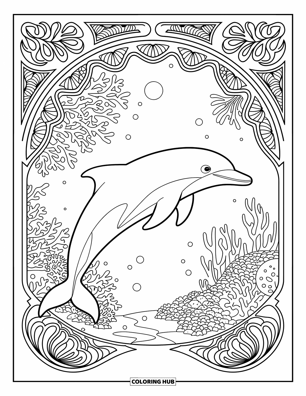 Dolphin Coloring Page for Adults: A dolphin and an octopus entwined gracefully with intricate designs