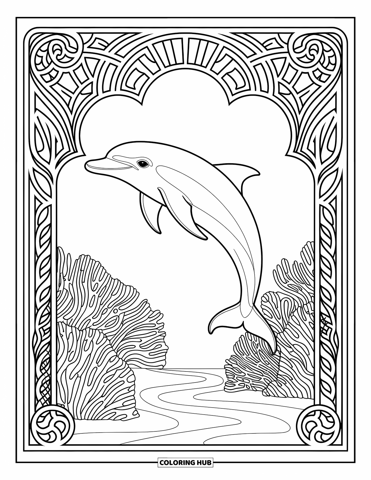 Dolphin Coloring Page for Adults: A dolphin and an octopus form a harmonious pattern in a serene embrace