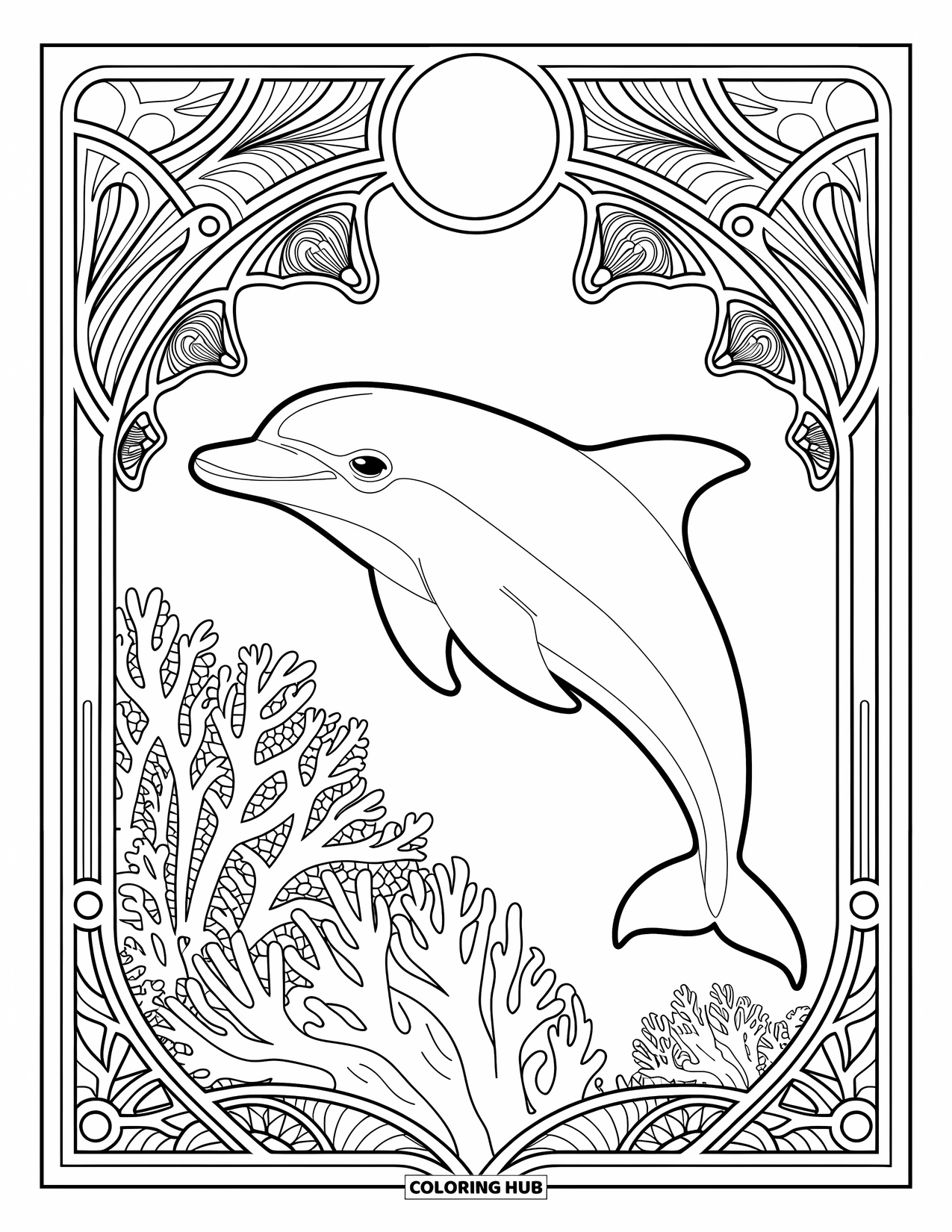 Dolphin Coloring Page for Adults: A dolphin and an octopus intertwine gracefully with detailed patterns