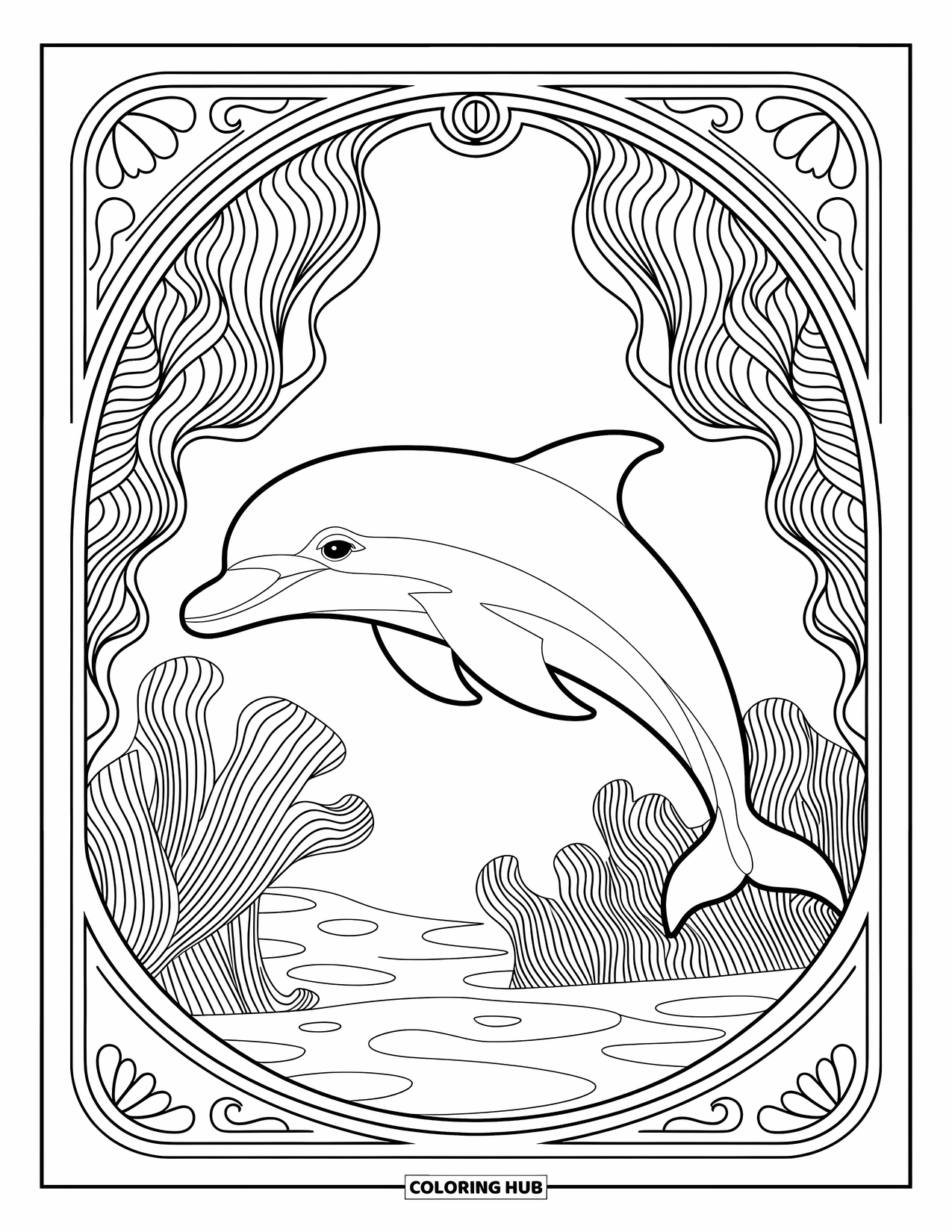 Dolphin Coloring Page for Adults: A dolphin and an octopus with intricate patterns entwine peacefully