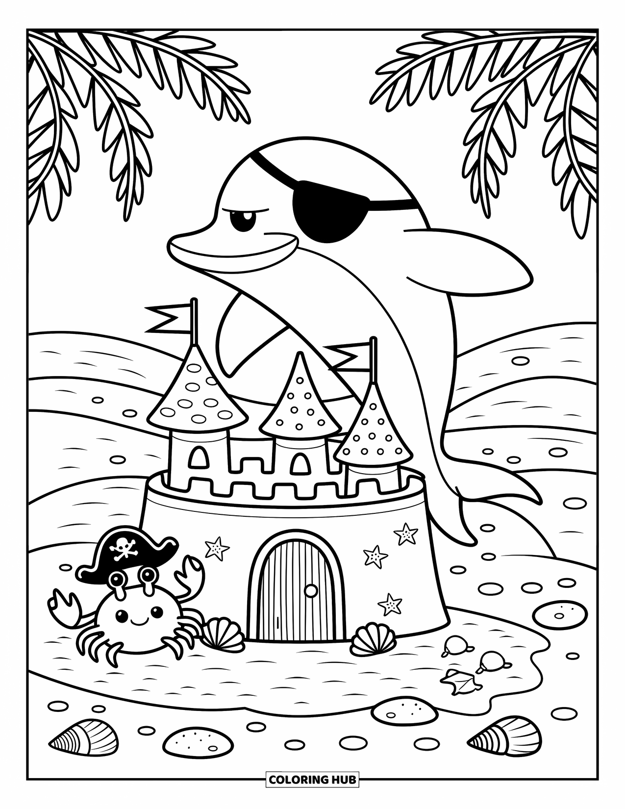 Dolphin Coloring Page for Adults: A dolphin and crab stand guard by a sandcastle with soft waves rolling nearby