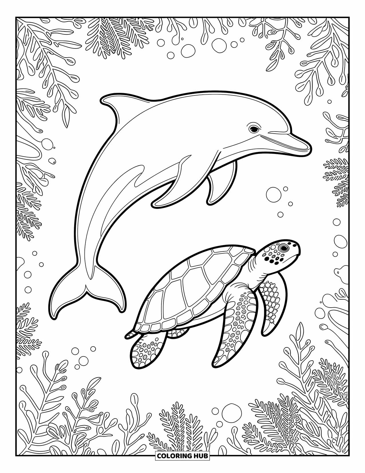 Dolphin Coloring Page for Adults: A dolphin and sea turtles exploring an underwater world with intricate patterns