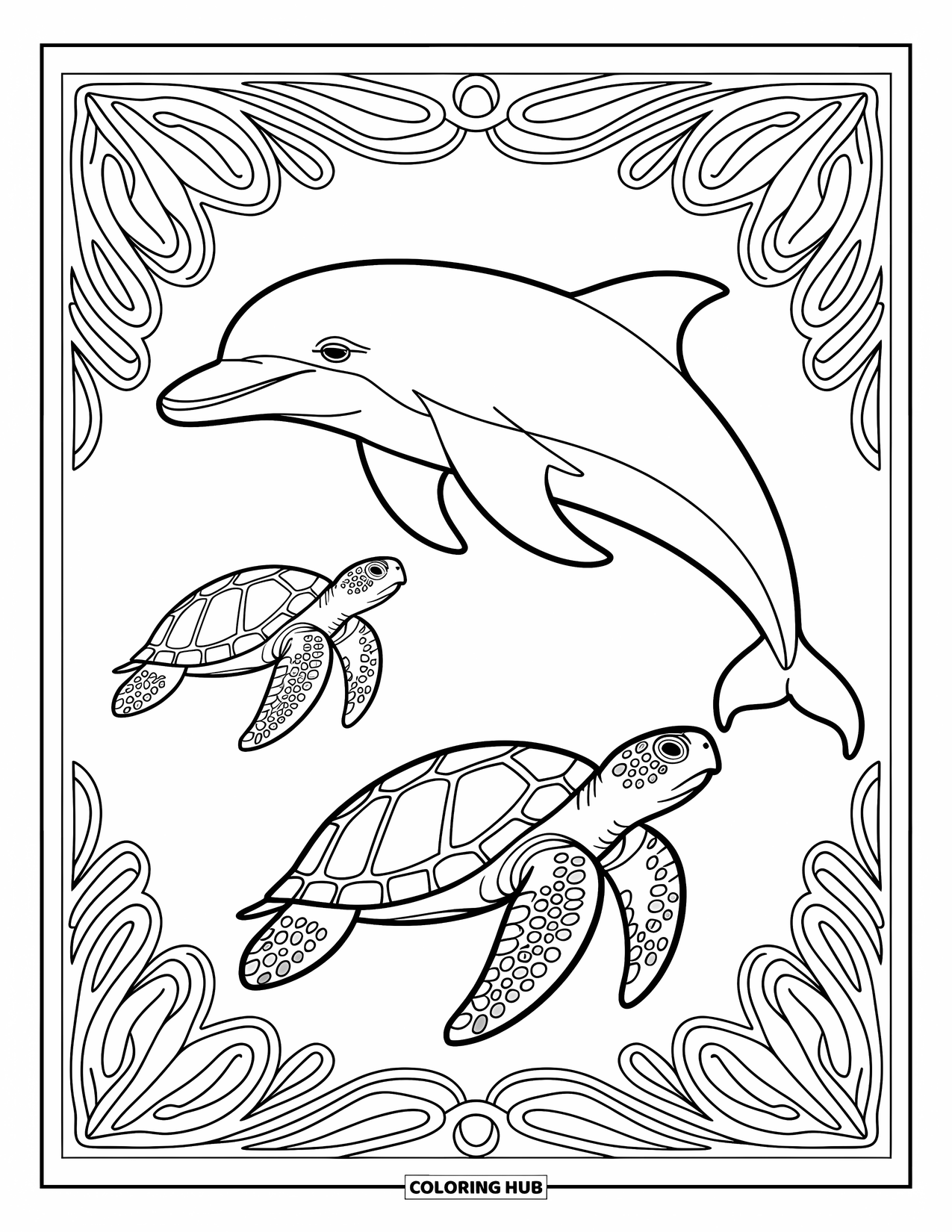 Dolphin Coloring Page for Adults: A dolphin and sea turtles gliding gracefully through an underwater scene