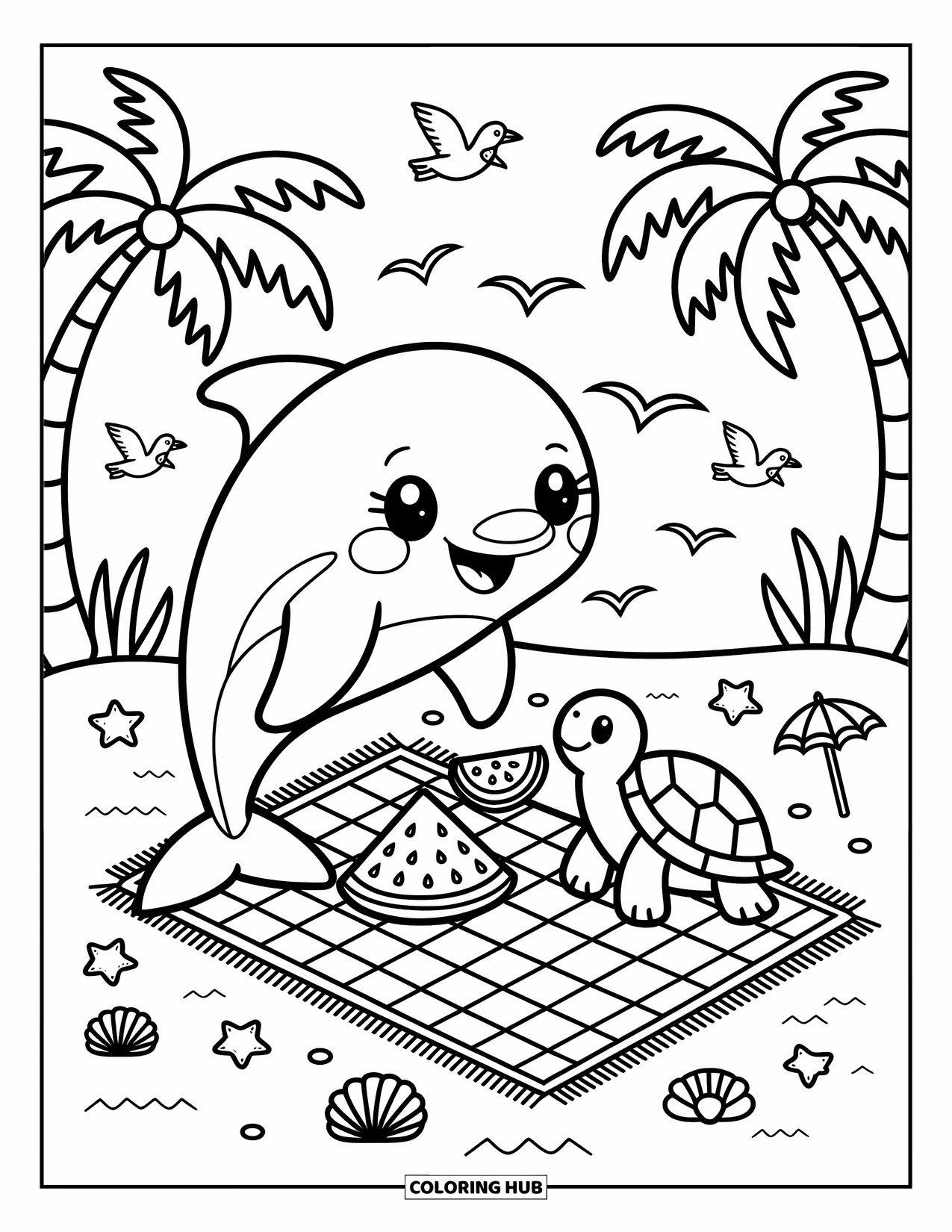 Dolphin Coloring Page for Adults: A dolphin and turtle have a cozy underwater picnic with seashells and bubbles