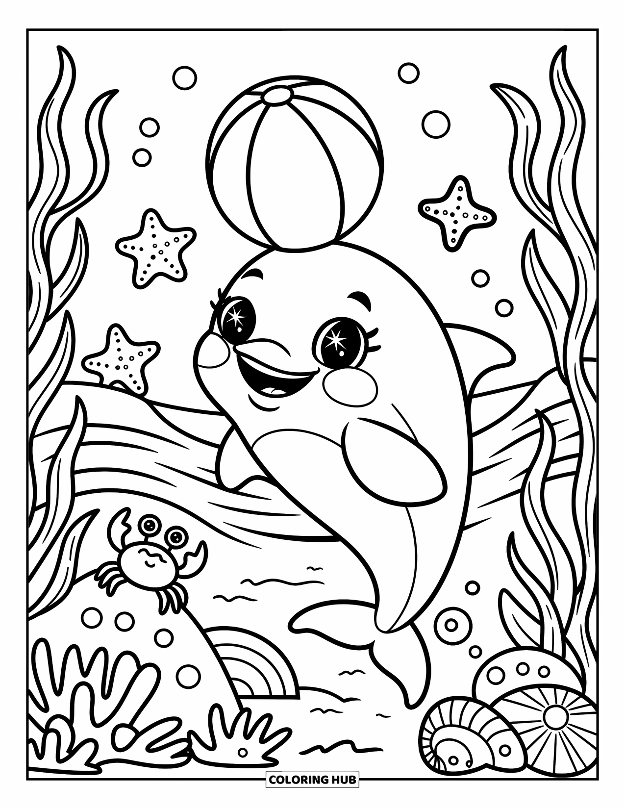 Dolphin Coloring Page for Adults: A dolphin balances a beach ball cheerfully with starfish and a curious crab watching
