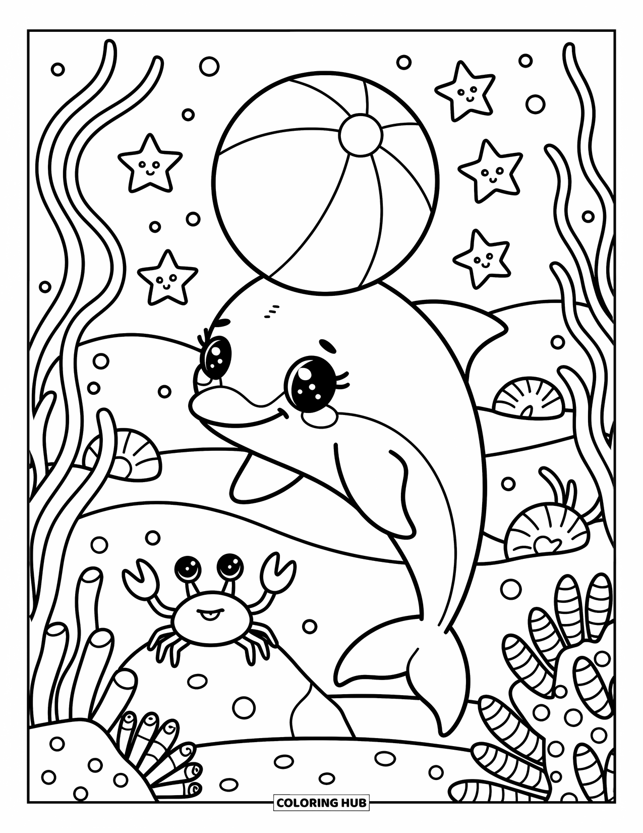 Dolphin Coloring Page for Adults: A dolphin balances a beach ball on its nose surrounded by starfish and seashells