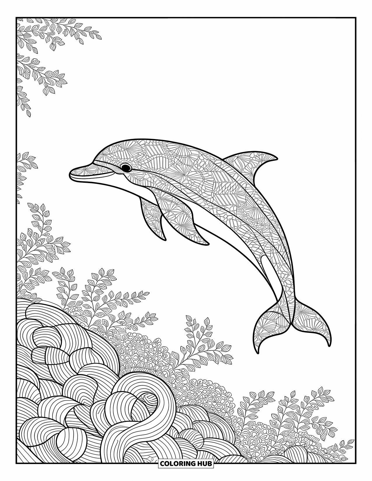 Dolphin Coloring Page for Adults: A dolphin covered in paisley designs glides through undulating waves