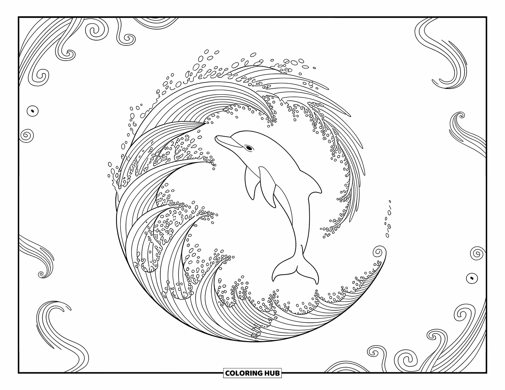 Dolphin Coloring Page for Adults: A dolphin creating a mesmerizing water spiral with elegant waves
