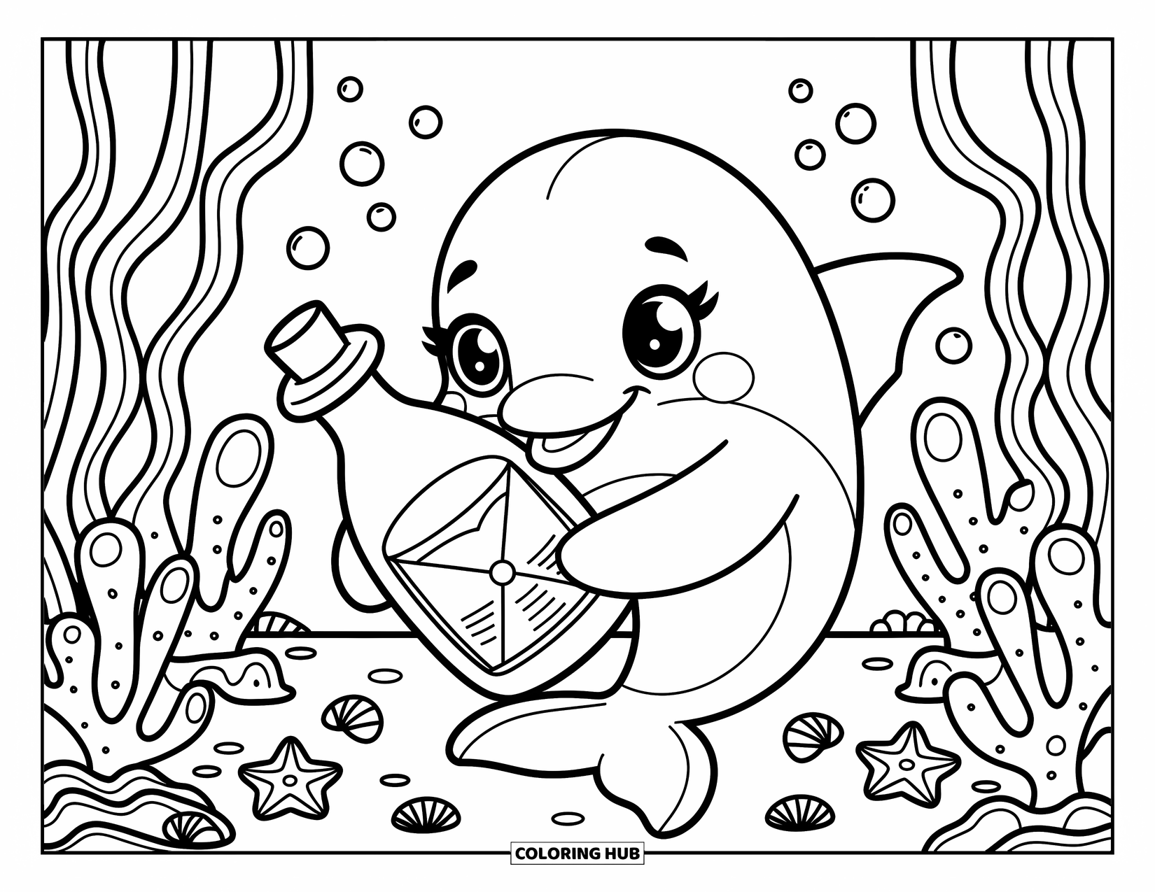 Dolphin Coloring Page for Adults: A dolphin curiously holds a message in a bottle with seashells and seaweed nearby