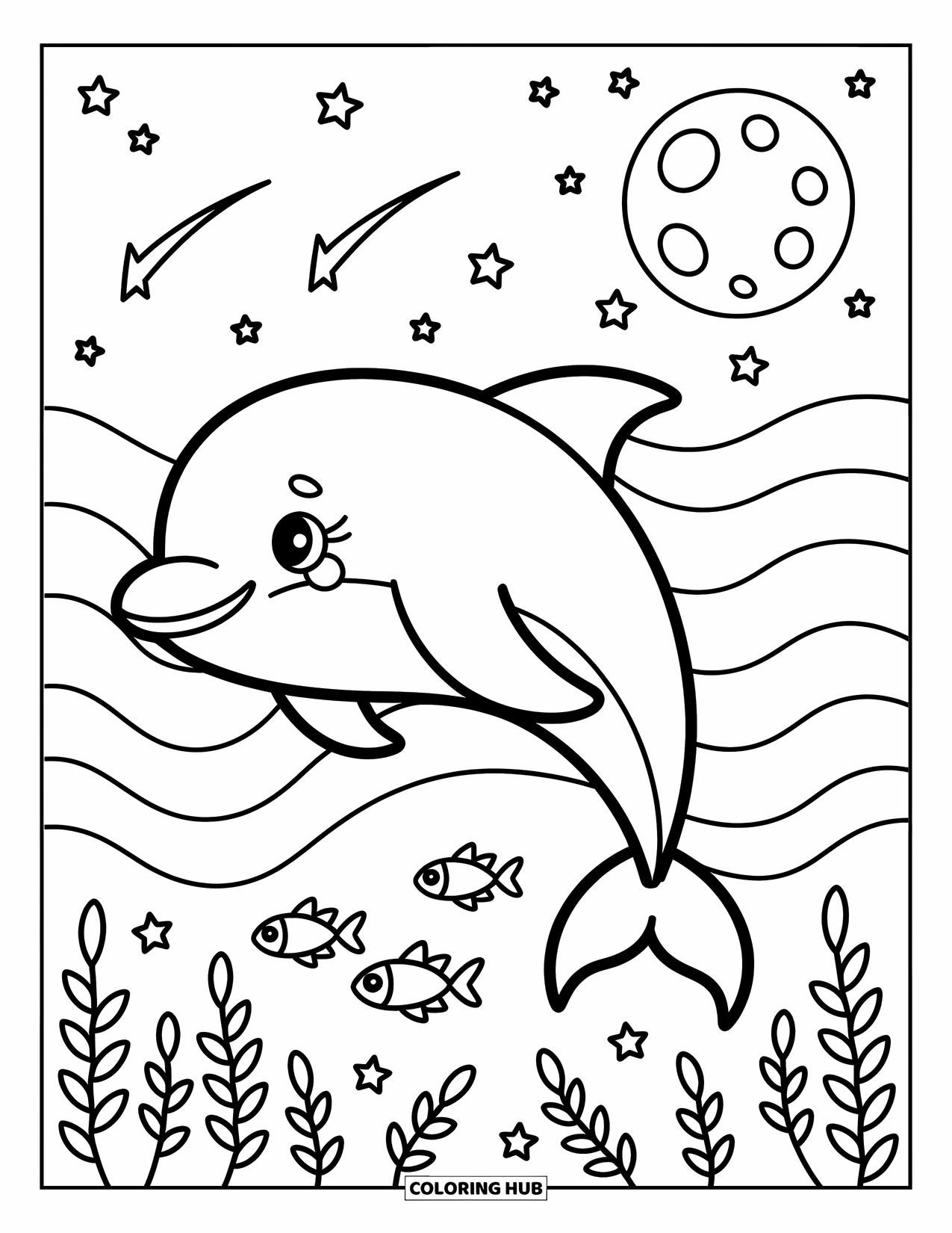 Dolphin Coloring Page for Adults: A dolphin drifts under a starry sky with fish and seaweed gently moving