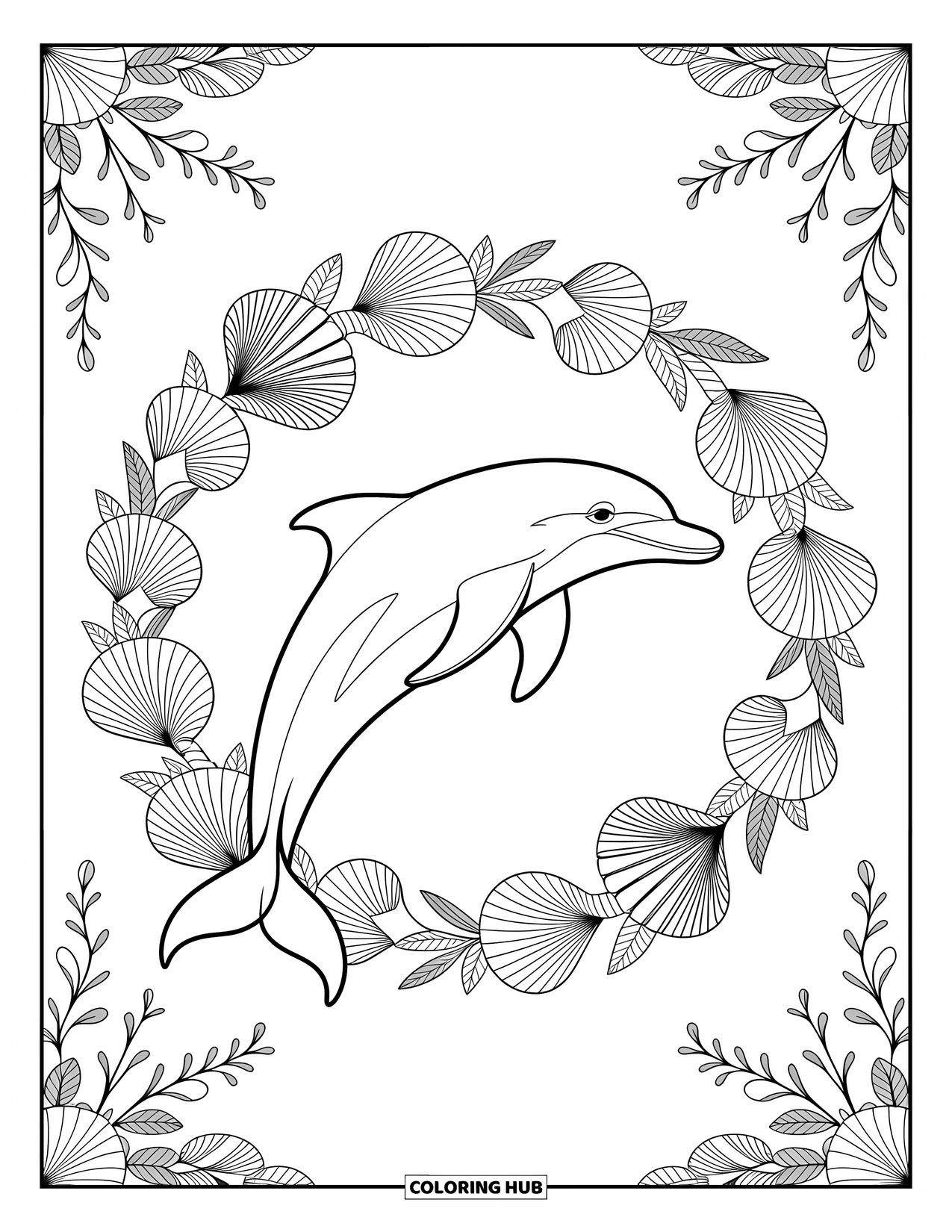 Dolphin Coloring Page for Adults: A dolphin encircled by seashells, starfish, and seaweed