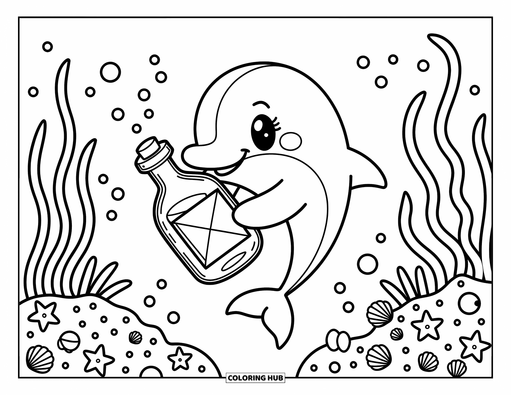 Dolphin Coloring Page for Adults: A dolphin examines a bottle in an underwater scene with seashells and bubbles