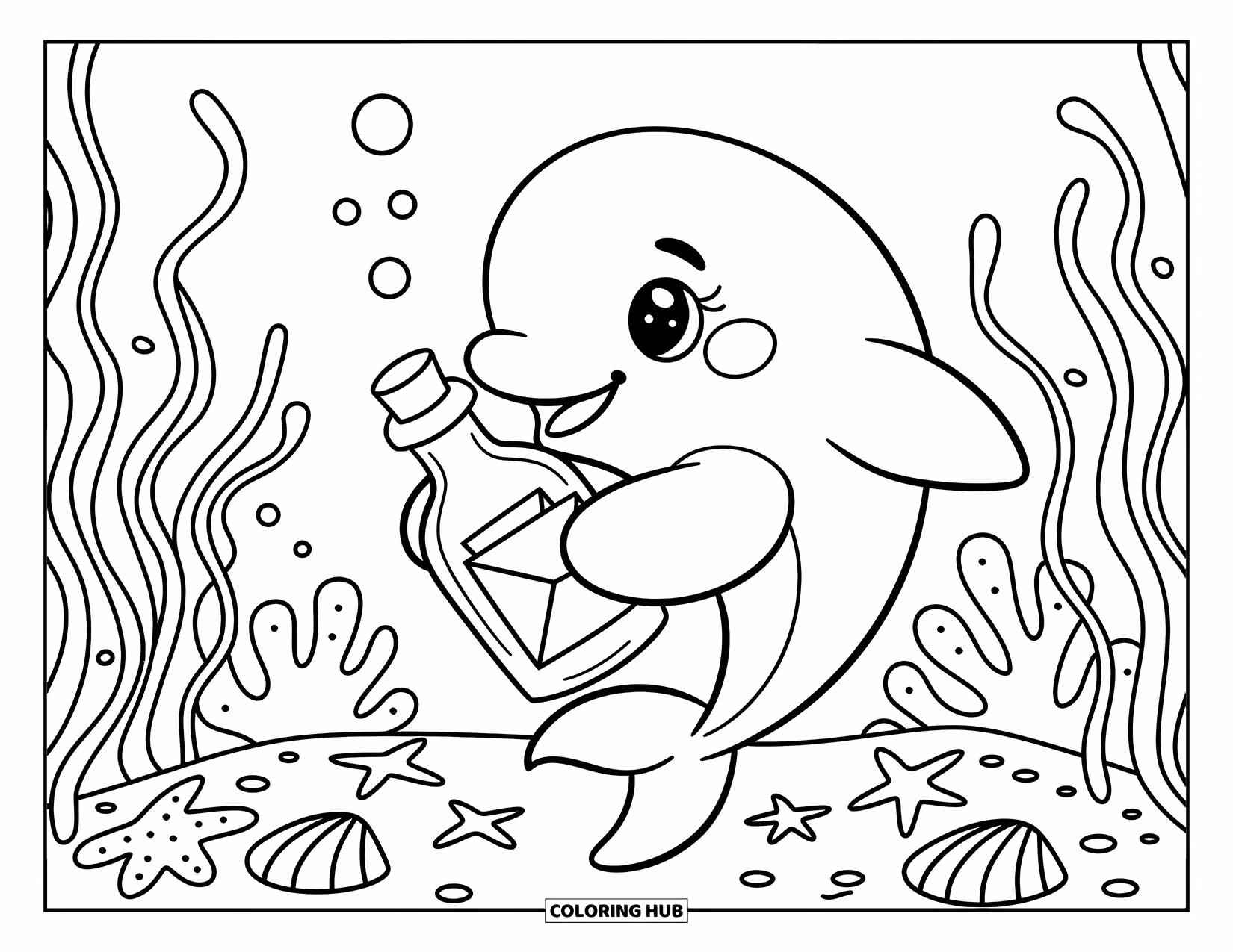 Dolphin Coloring Page for Adults: A dolphin finds a bottle underwater with seaweed and starfish around
