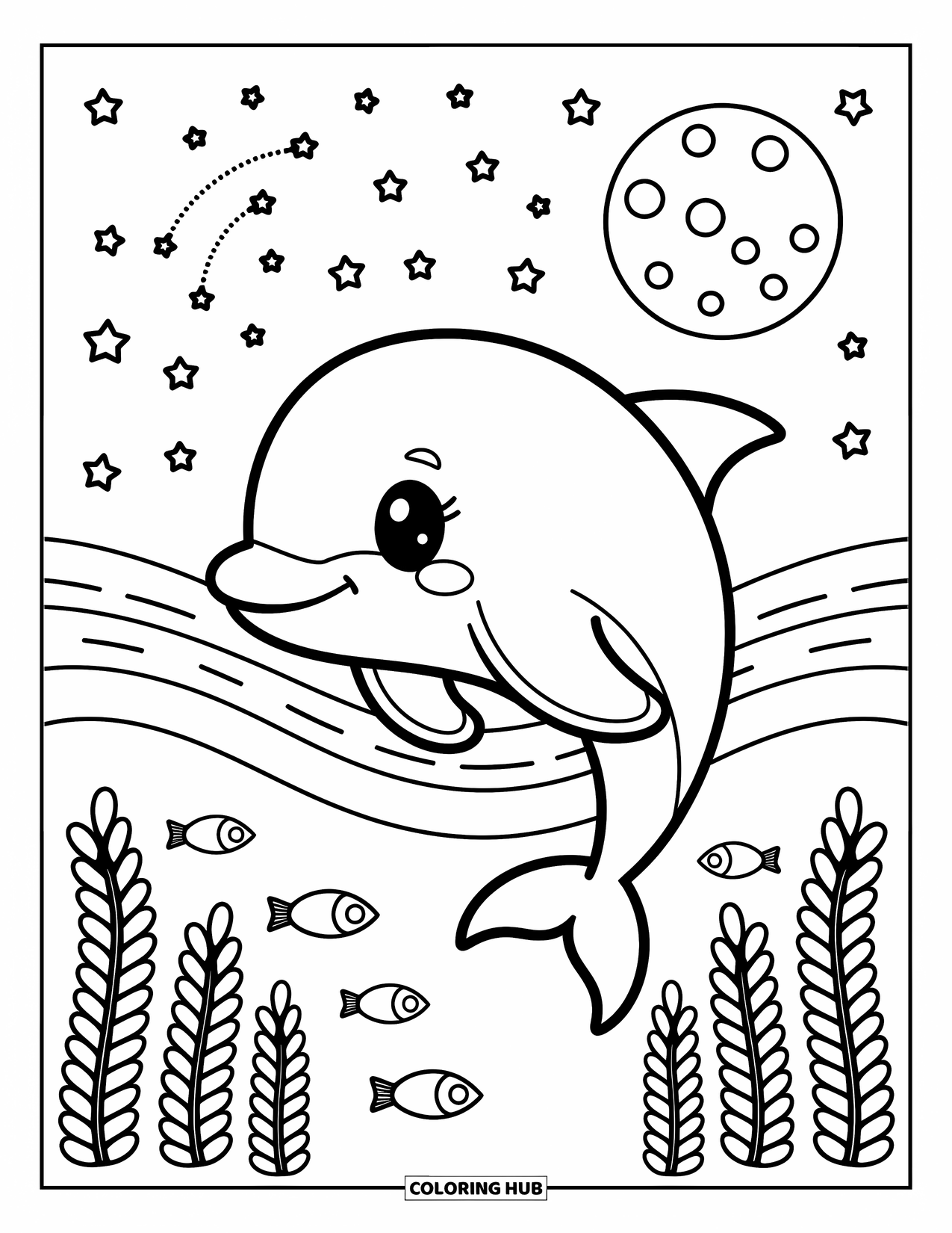 Dolphin Coloring Page for Adults: A dolphin floats under a full moon with tiny fish and seaweed below
