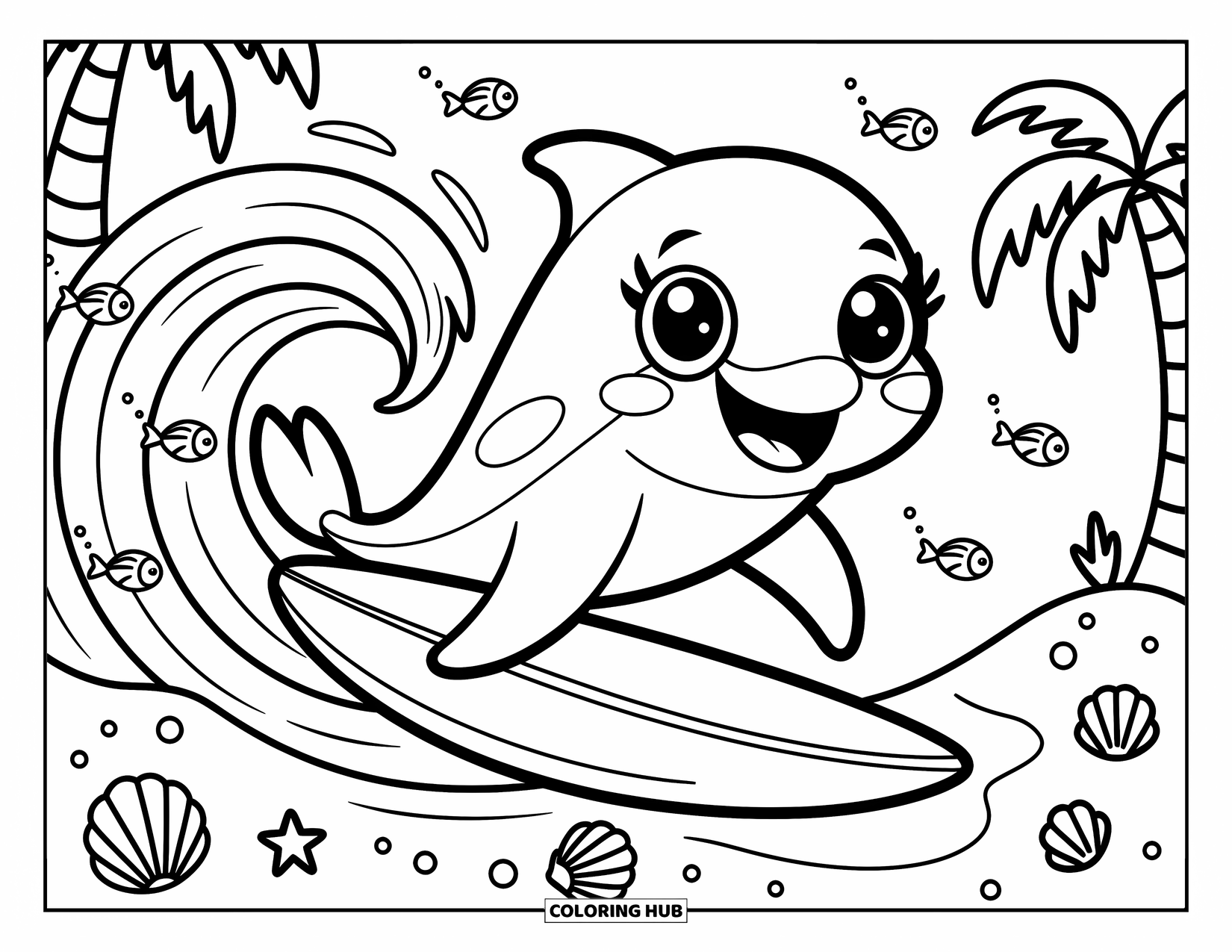 Dolphin Coloring Page for Adults: A dolphin gleefully surfs with seashells and fish, framed by palm trees