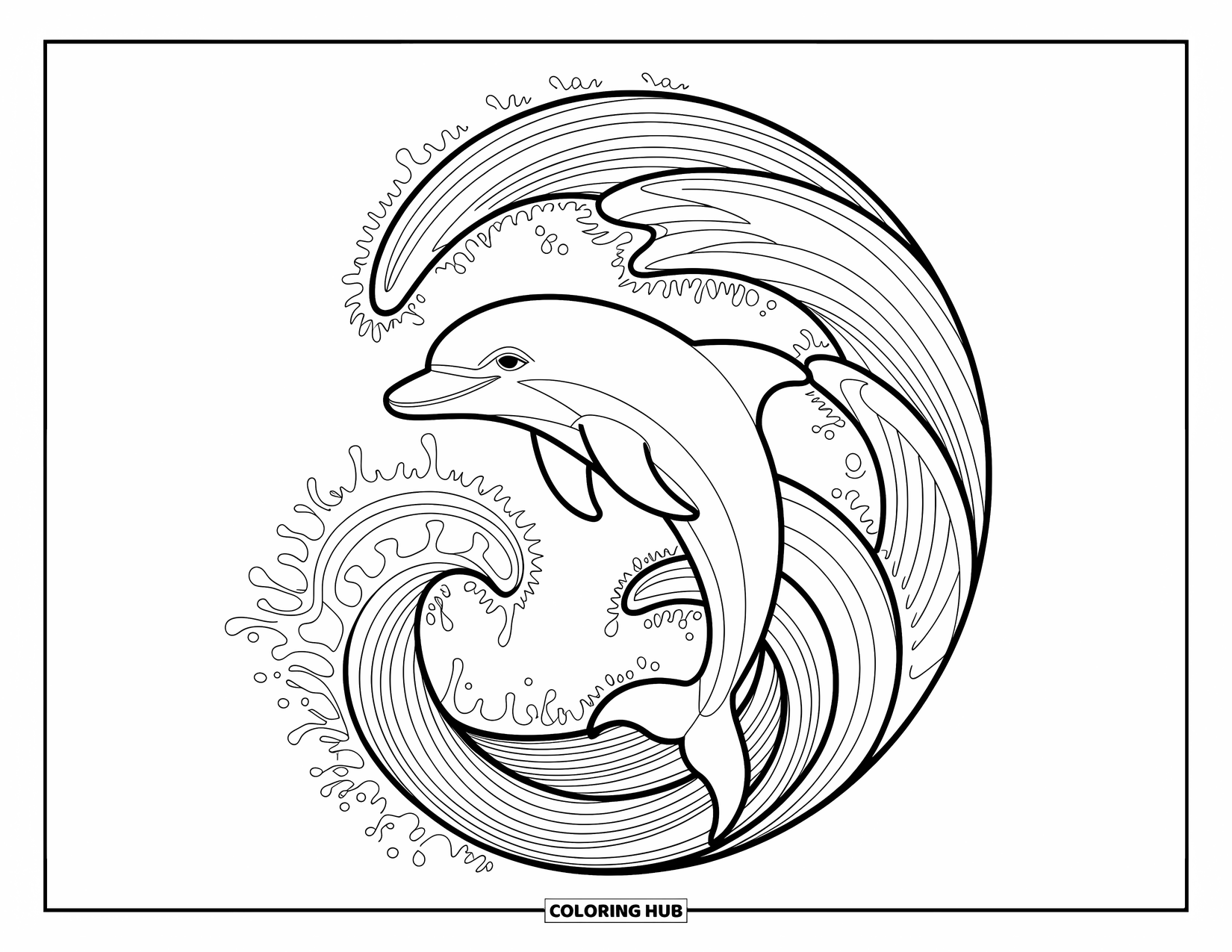 Dolphin Coloring Page for Adults: A dolphin glides smoothly through waves with intricate patterns