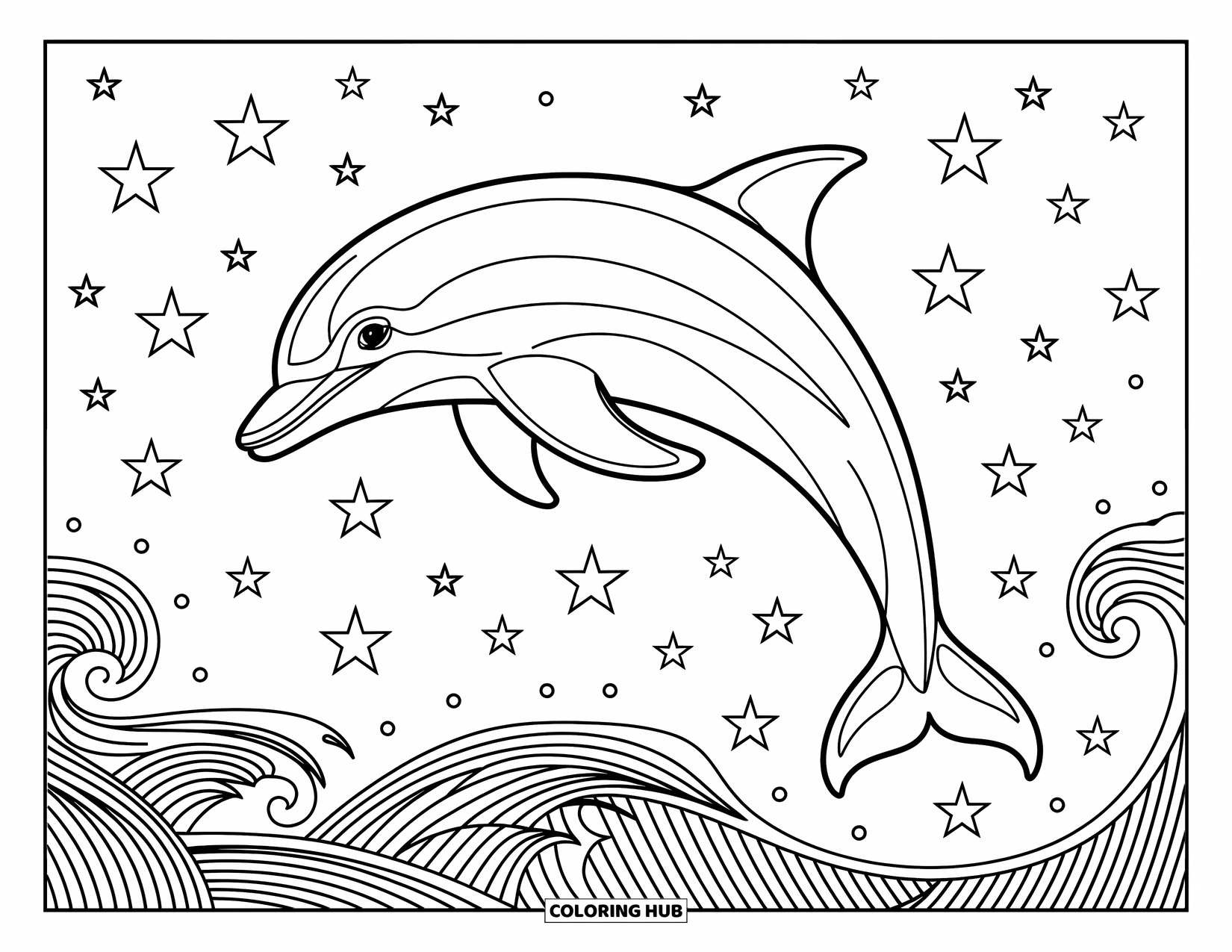 Dolphin Coloring Page for Adults: A dolphin glides through a swirling water spiral with detailed waves