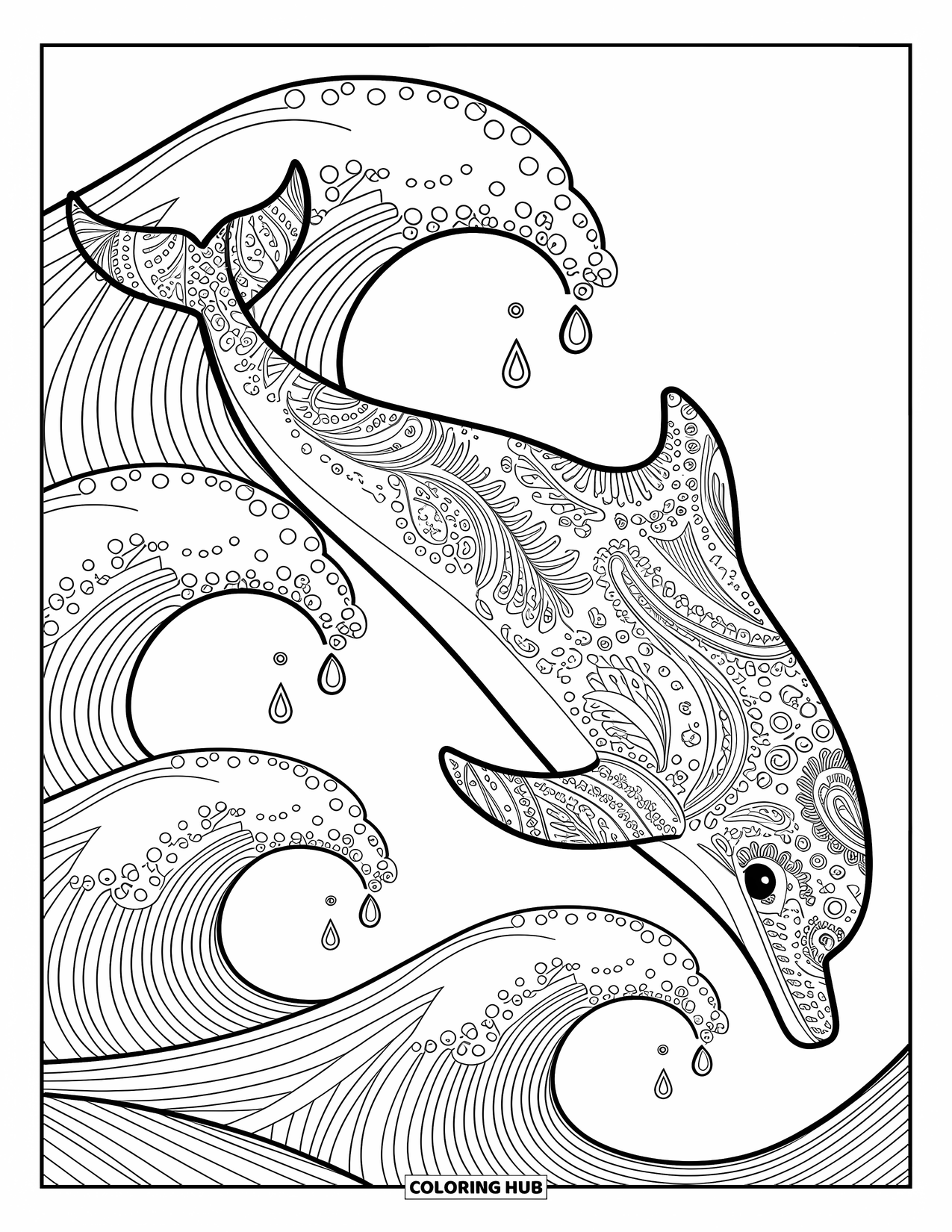 Dolphin Coloring Page for Adults: A dolphin glides through an underwater garden filled with intricate coral designs