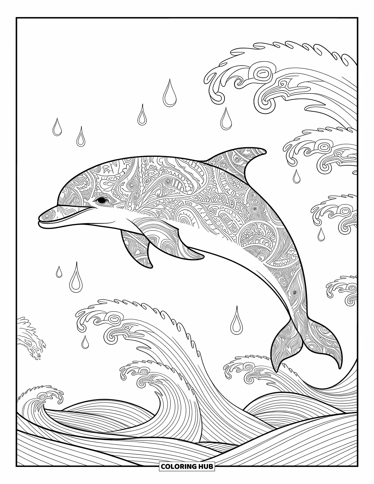 Dolphin Coloring Page for Adults: A dolphin glides through an underwater scene with detailed corals and sea fans