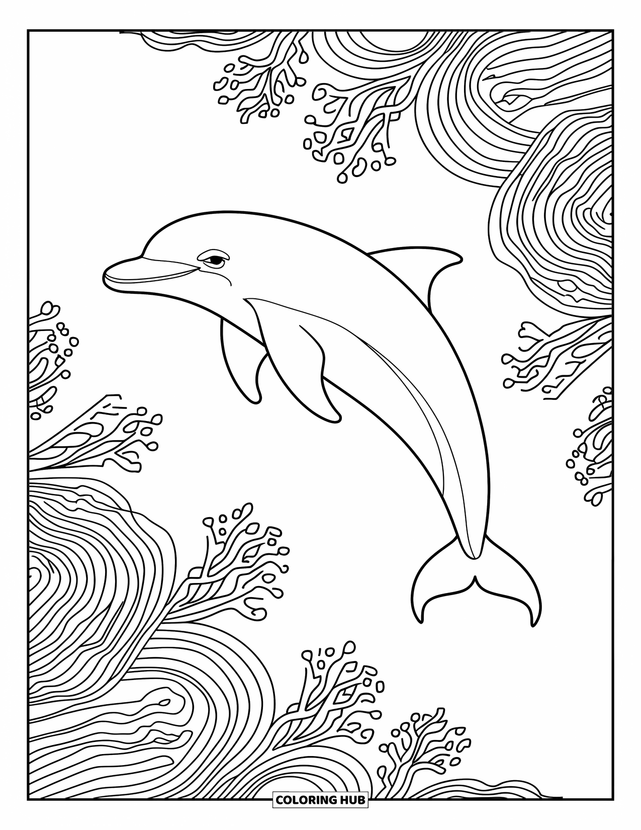 Dolphin Coloring Page for Adults: A dolphin gliding through swirling mandala waves and corals