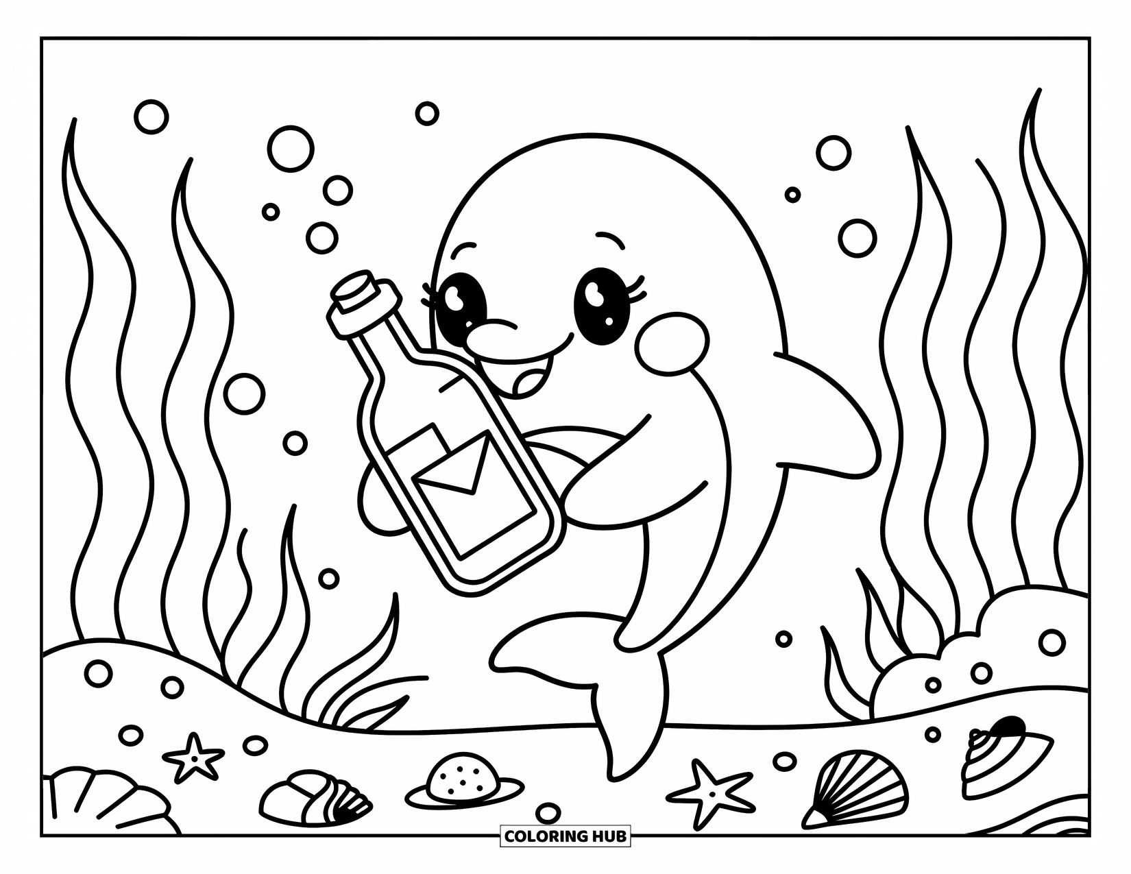 Dolphin Coloring Page for Adults: A dolphin holds a bottle surrounded by seaweed, seashells, and tiny bubbles