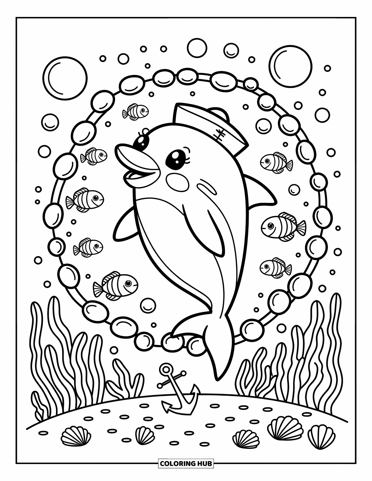Dolphin Coloring Page for Adults: A dolphin in a sailor hat leaps through a ring of bubbles with fish swimming around