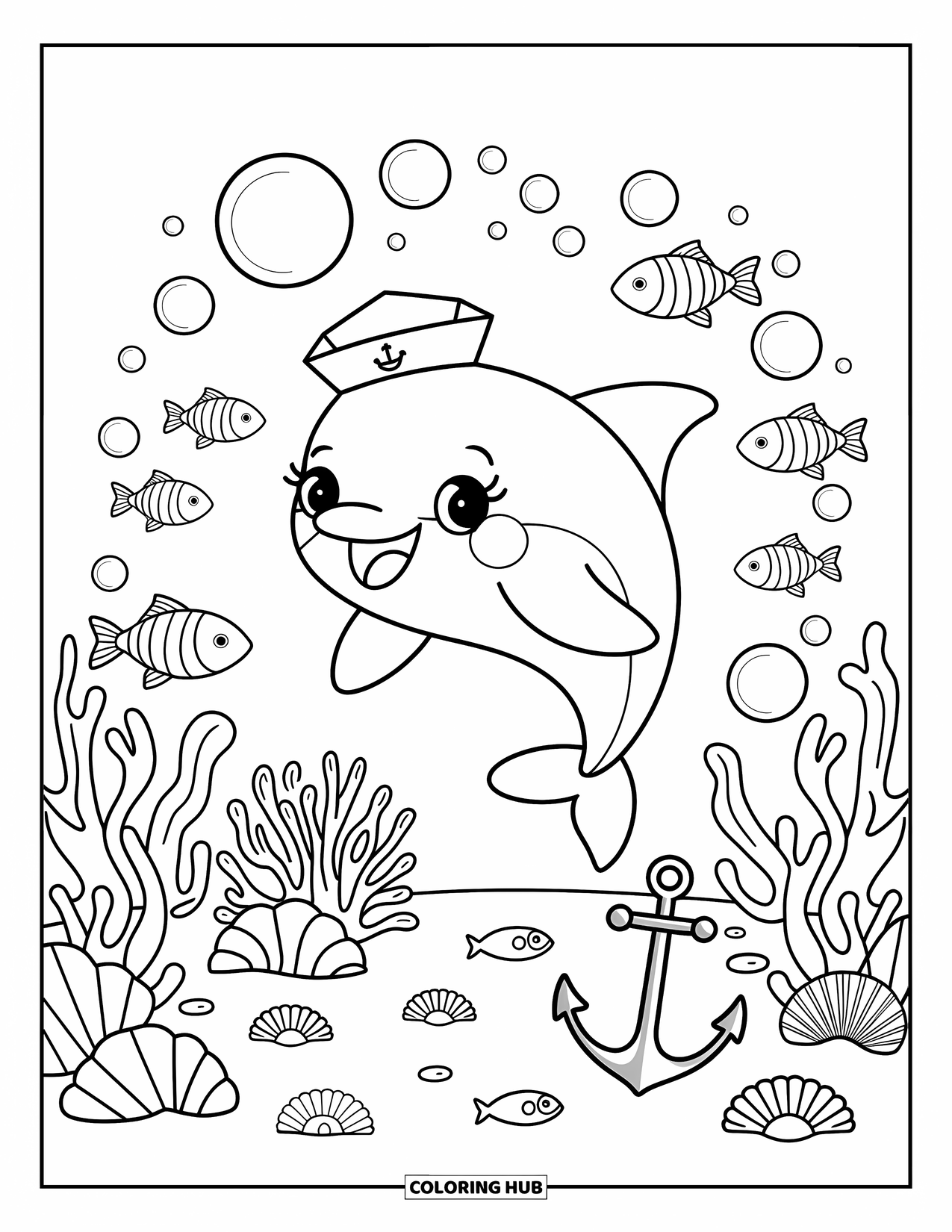 Dolphin Coloring Page for Adults: A dolphin joyfully leaps through bubbles wearing a sailor hat with corals nearby