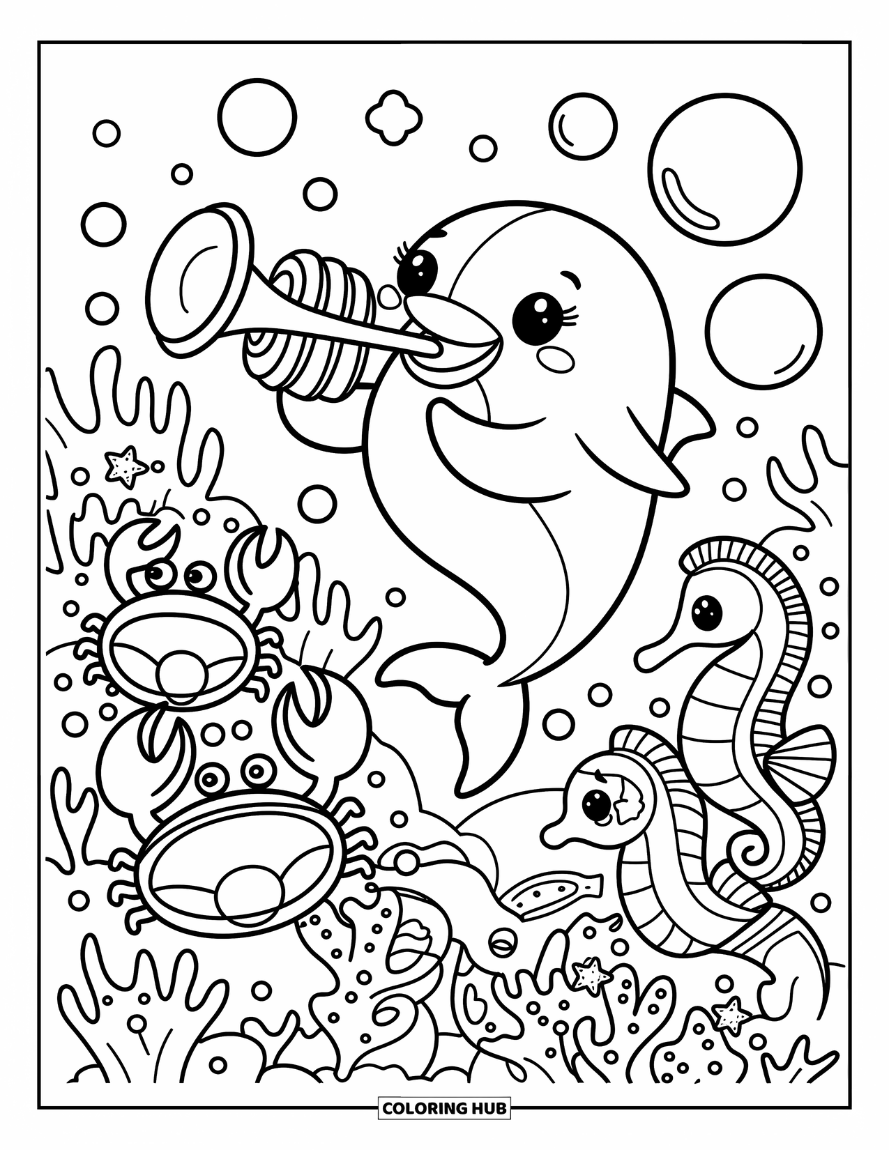 Dolphin Coloring Page for Adults: A dolphin joyfully plays a seashell trumpet with crabs and seahorses swaying nearby