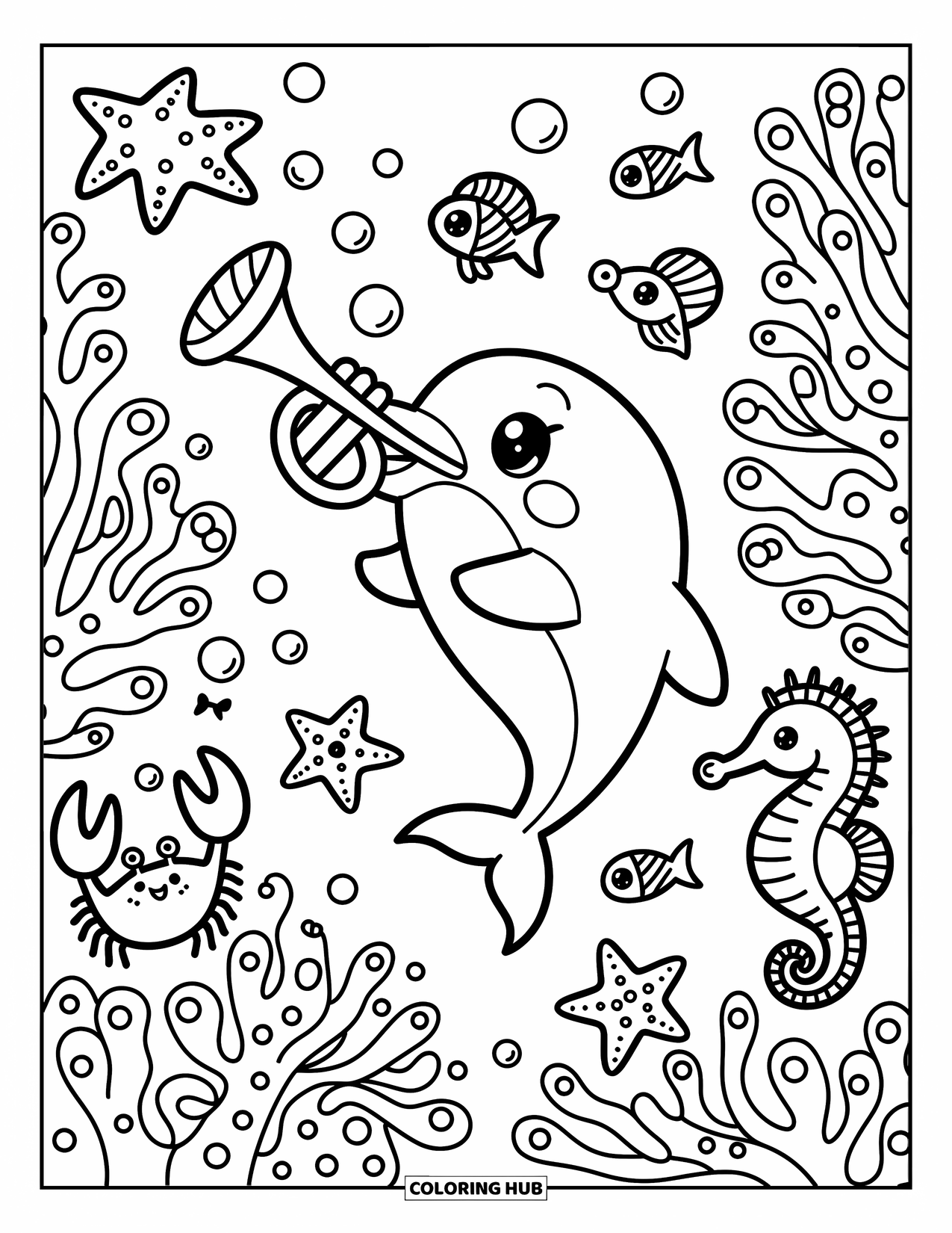 Dolphin Coloring Page for Adults: A dolphin leads an underwater band with a seashell trumpet and bubbles floating around
