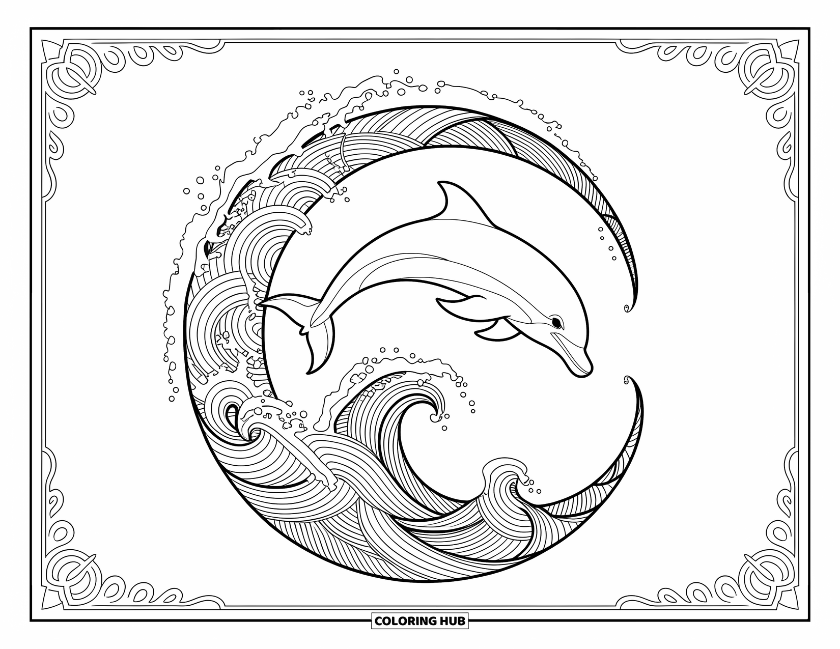 Dolphin Coloring Page for Adults: A dolphin leaping through a water spiral with intricate waves