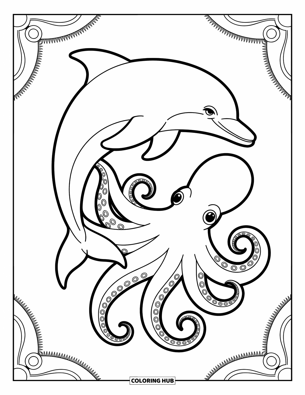 Dolphin Coloring Page for Adults: A dolphin leaps gracefully through a sea of stars and rolling waves