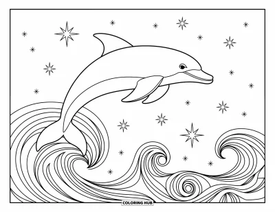 Kolorowanka z delfinami dla dorosłych: Delfin z gracją wyskakuje przez spiralę fal