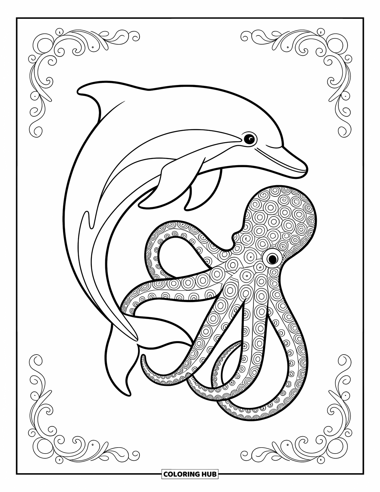 Dolphin Coloring Page for Adults: A dolphin leaps through a celestial sea surrounded by stars and waves