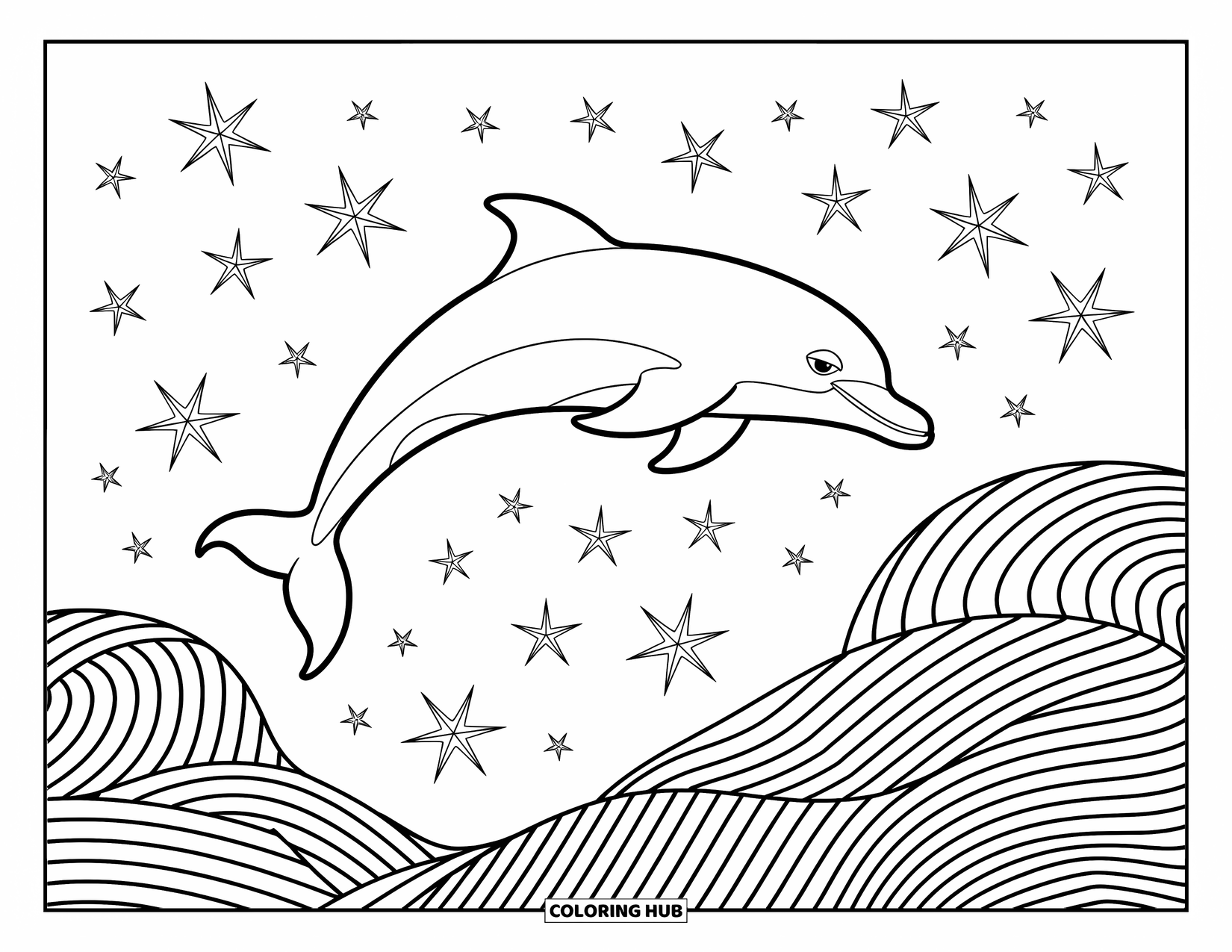Dolphin Coloring Page for Adults: A dolphin leaps through a spiral of waves with intricate patterns