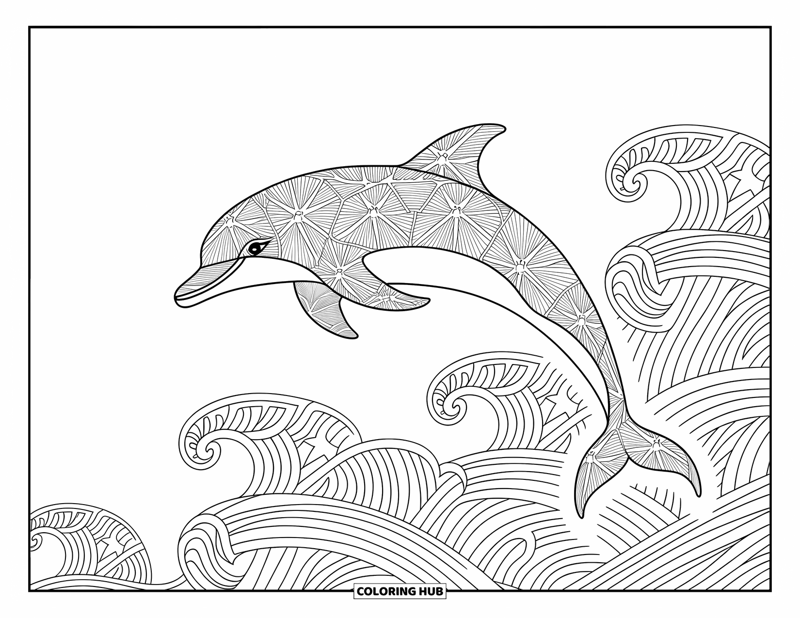Dolphin Coloring Page for Adults: A dolphin leaps through detailed waves and splashes in a spiral