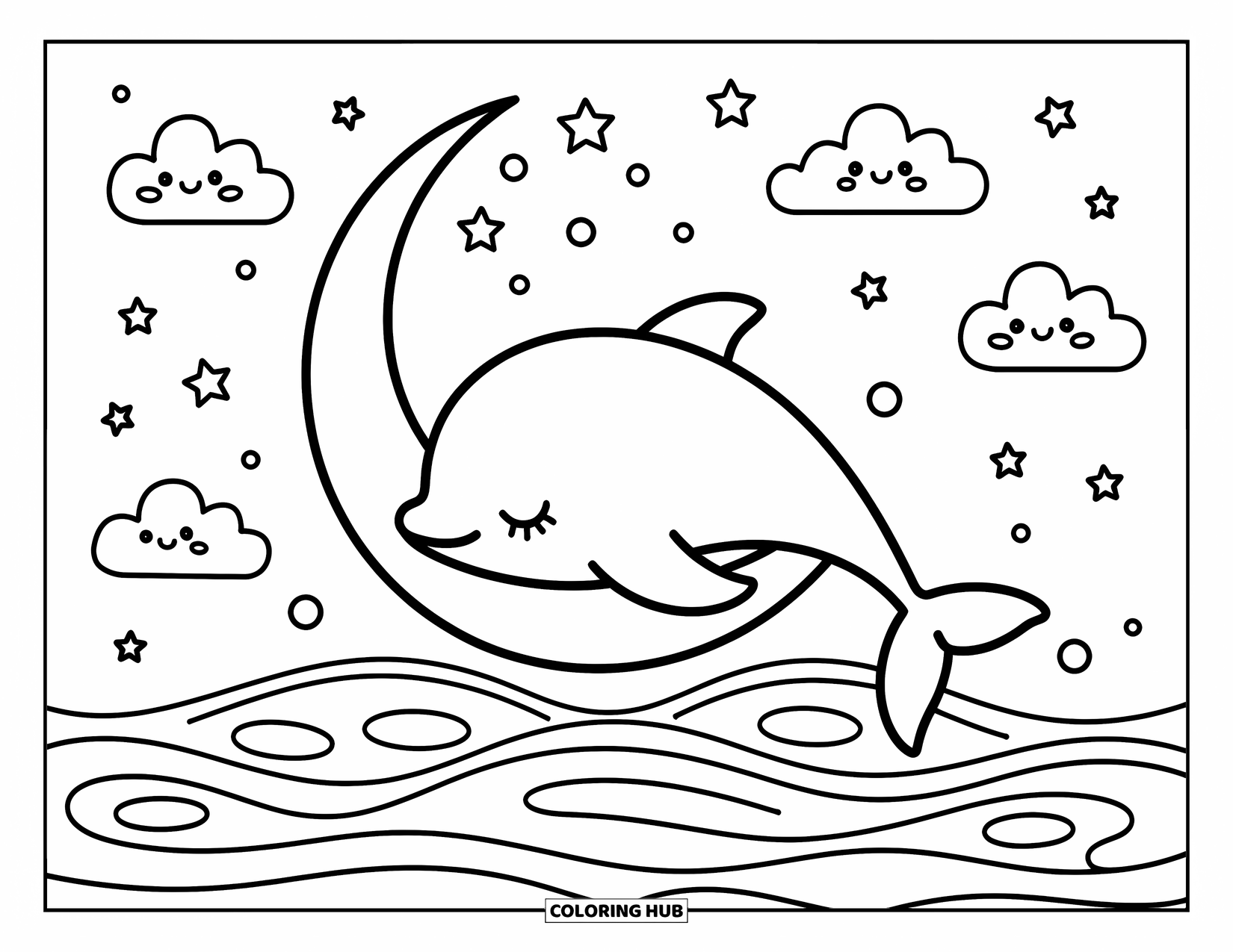 Dolphin Coloring Page for Adults: A dolphin naps peacefully on a crescent moon with stars and bubbles floating nearby