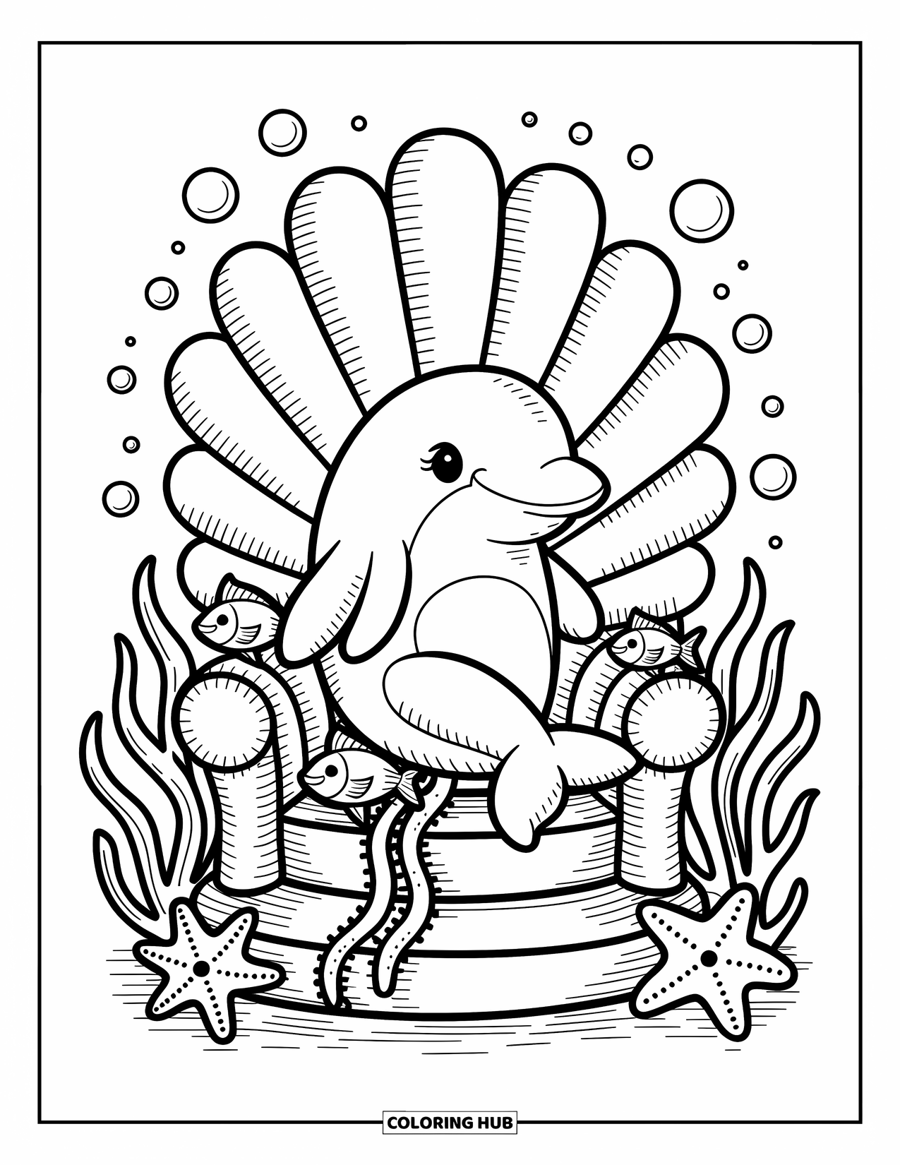 Dolphin Coloring Page for Adults: A dolphin on a seashell throne with seaweed and starfish at its base