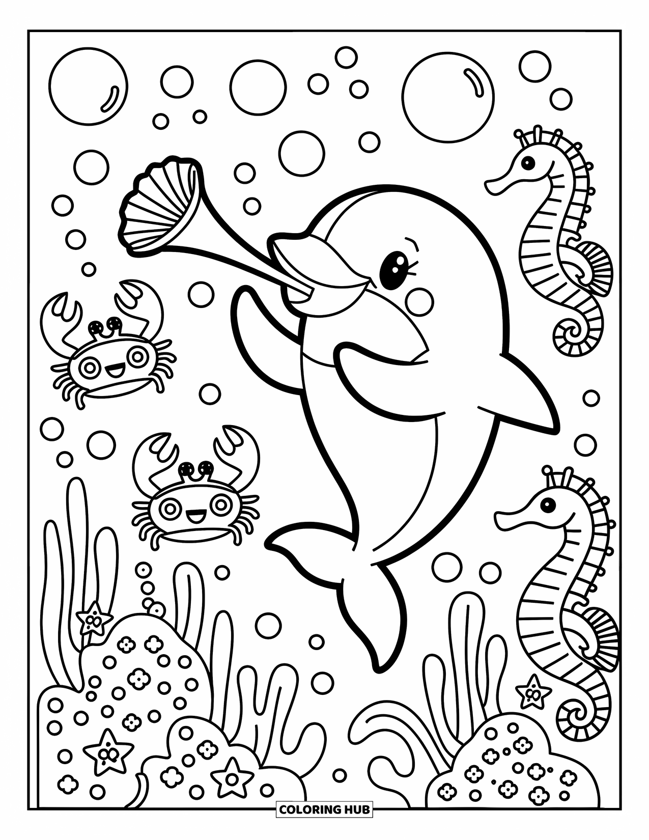 Dolphin Coloring Page for Adults: A dolphin plays a seashell trumpet in an underwater band with crabs and seahorses