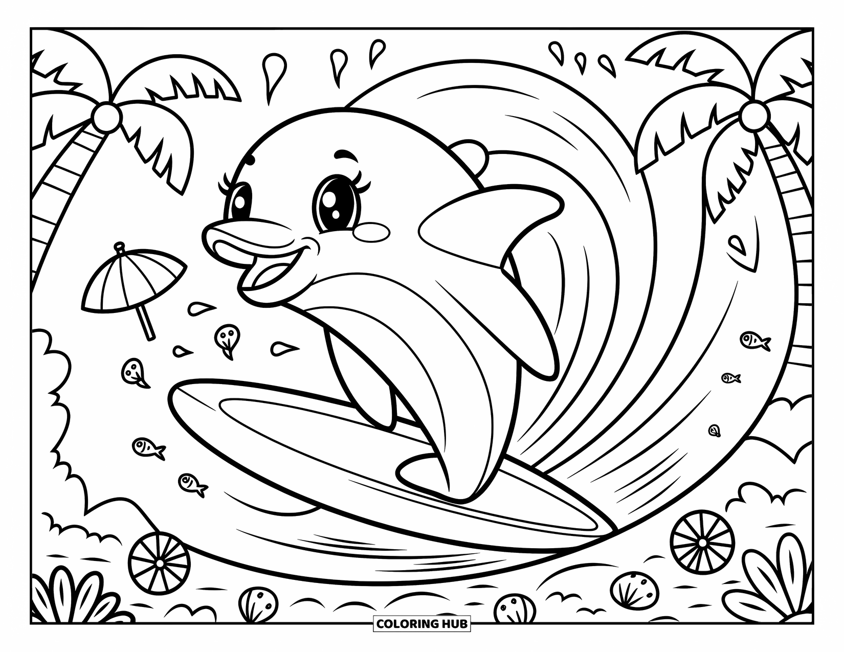 Dolphin Coloring Page for Adults: A dolphin rides a surfboard with seashells and fish in a tropical scene