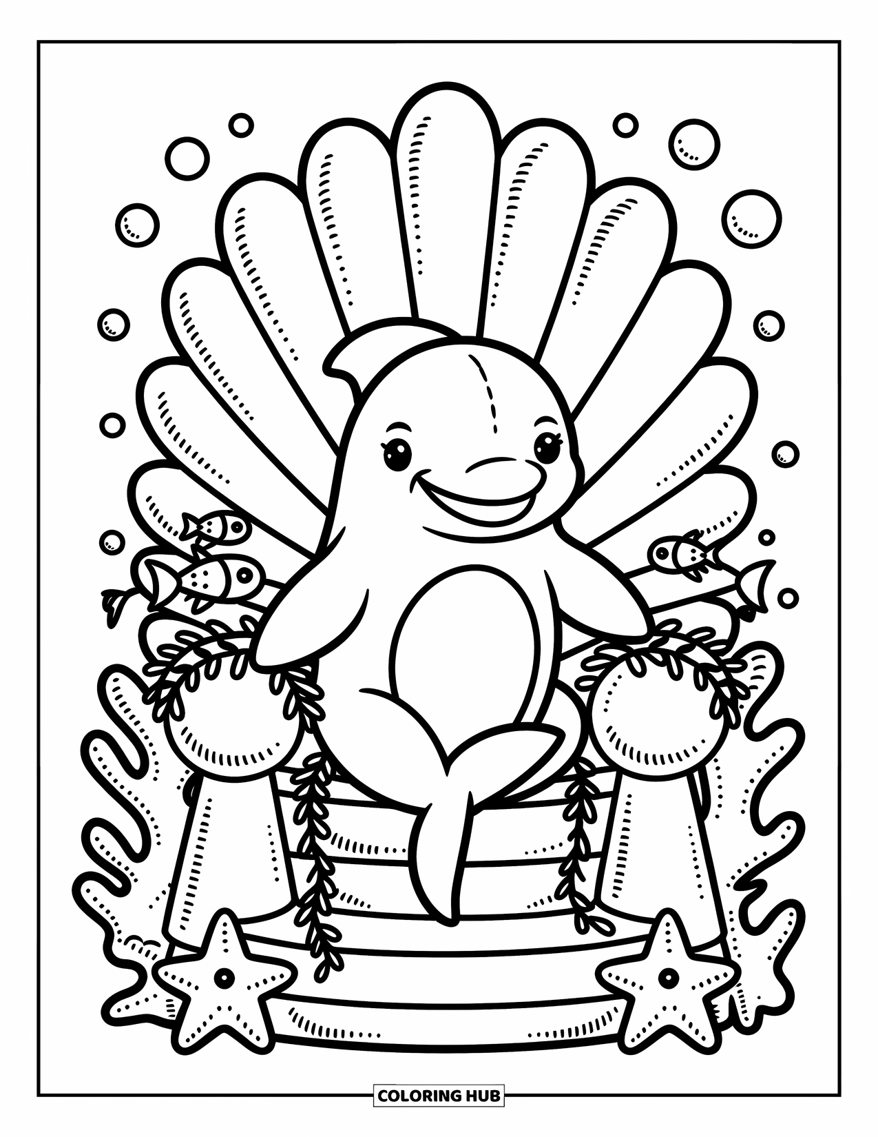 Dolphin Coloring Page for Adults: A dolphin sits on a seashell throne with tiny fish and starfish around