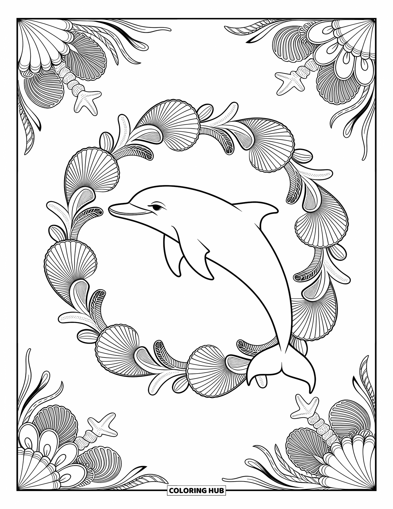 Dolphin Coloring Page for Adults: A dolphin surrounded by a wreath of seashells, starfish, and seaweed