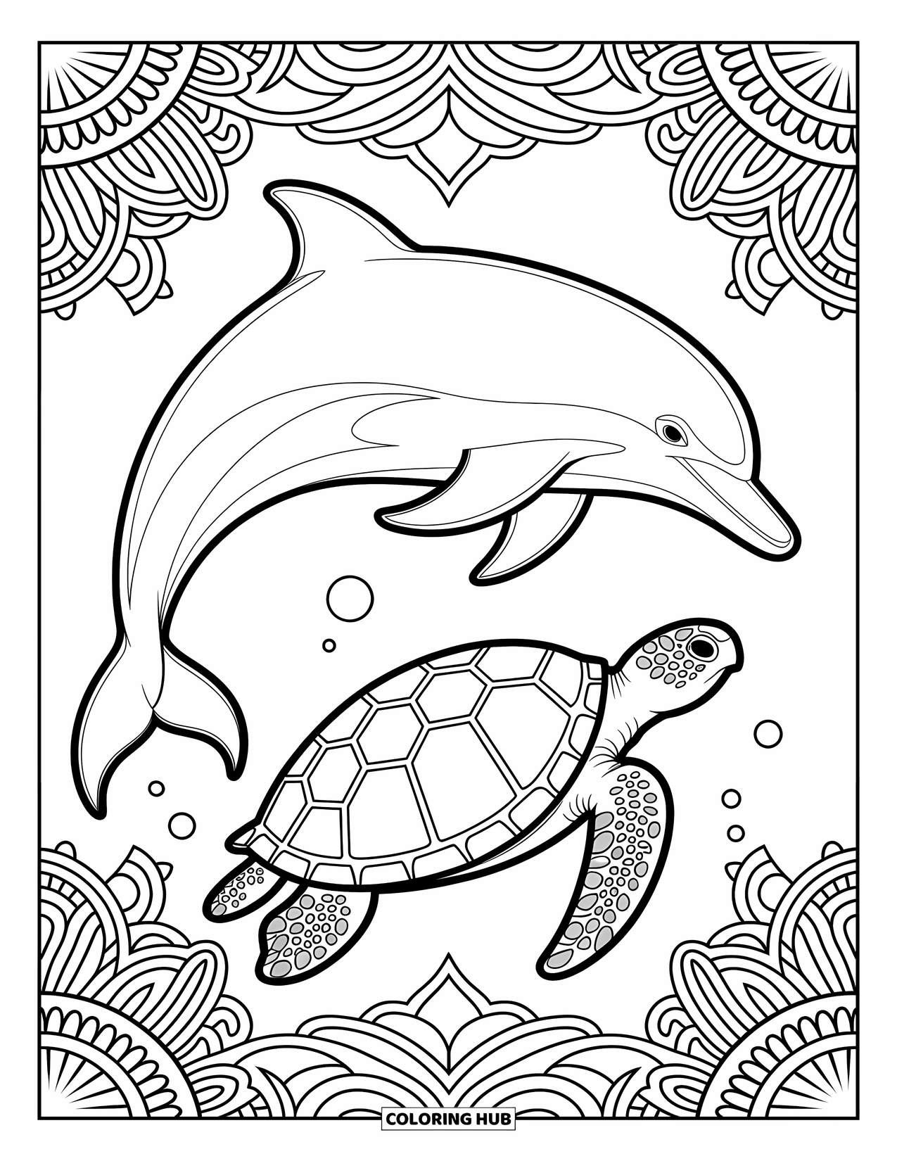 Dolphin Coloring Page for Adults: A dolphin swimming alongside sea turtles in an underwater scene