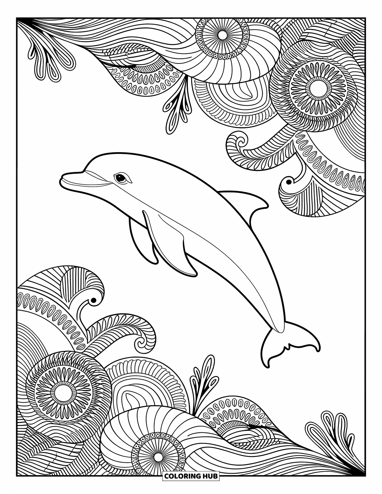 Dolphin Coloring Page for Adults: A dolphin swimming gracefully through mandala-inspired waves and corals