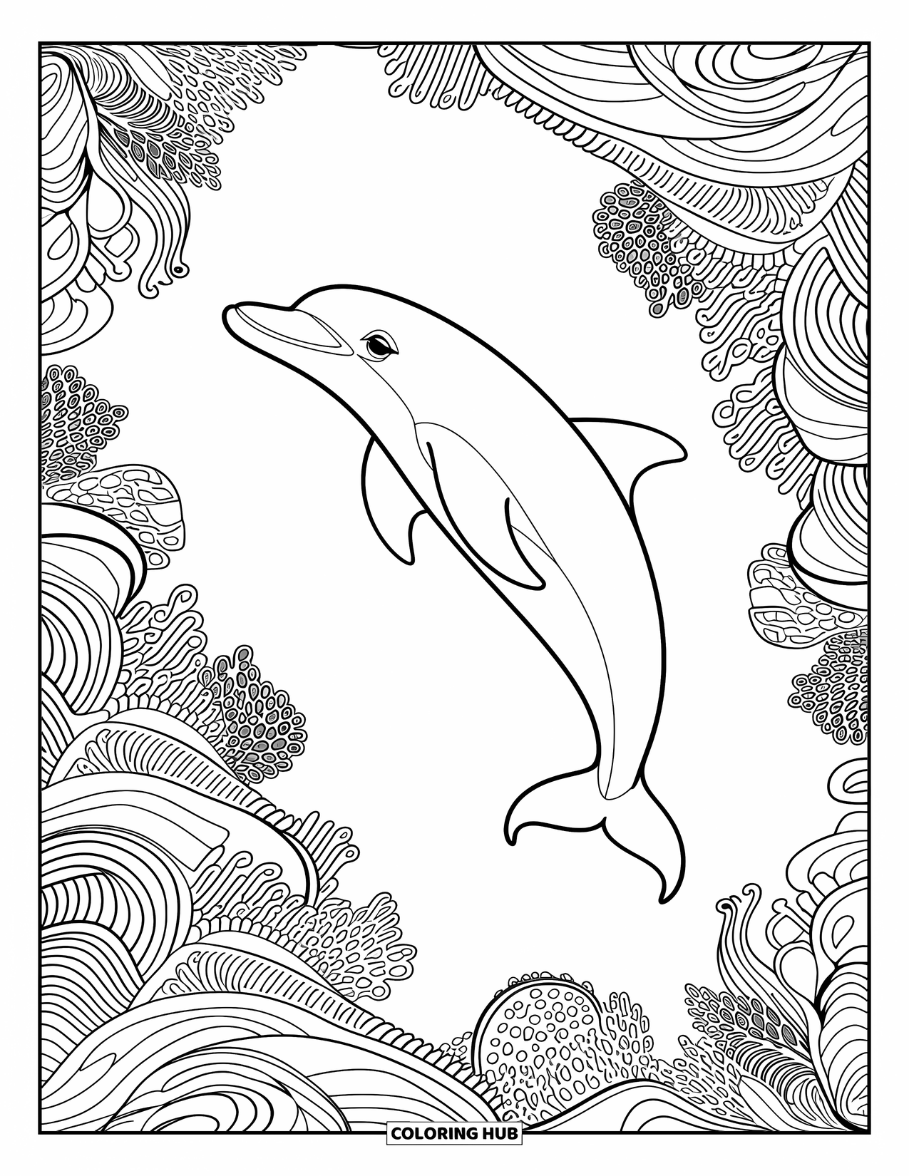 Dolphin Coloring Page for Adults: A dolphin swimming through mandala-style waves and corals