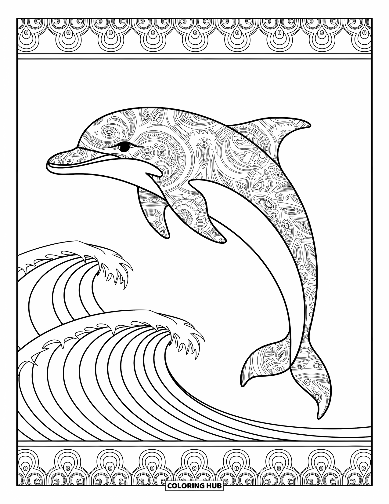 Dolphin Coloring Page for Adults: A dolphin swims elegantly among corals and sea fans in an underwater garden