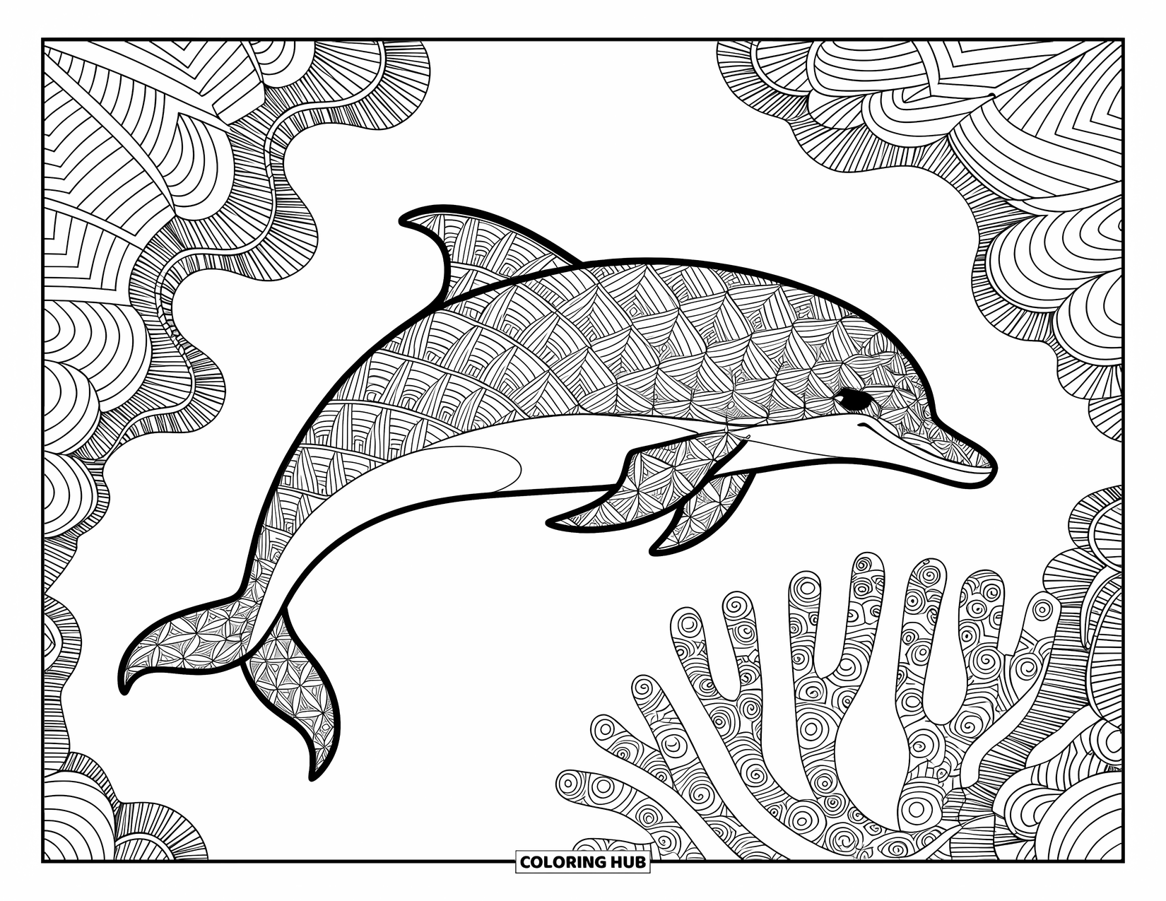 Dolphin Coloring Page for Adults: A dolphin swims elegantly among detailed coral designs