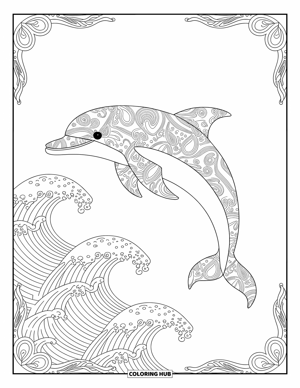 Dolphin Coloring Page for Adults: A dolphin swims gracefully through an underwater garden of detailed corals