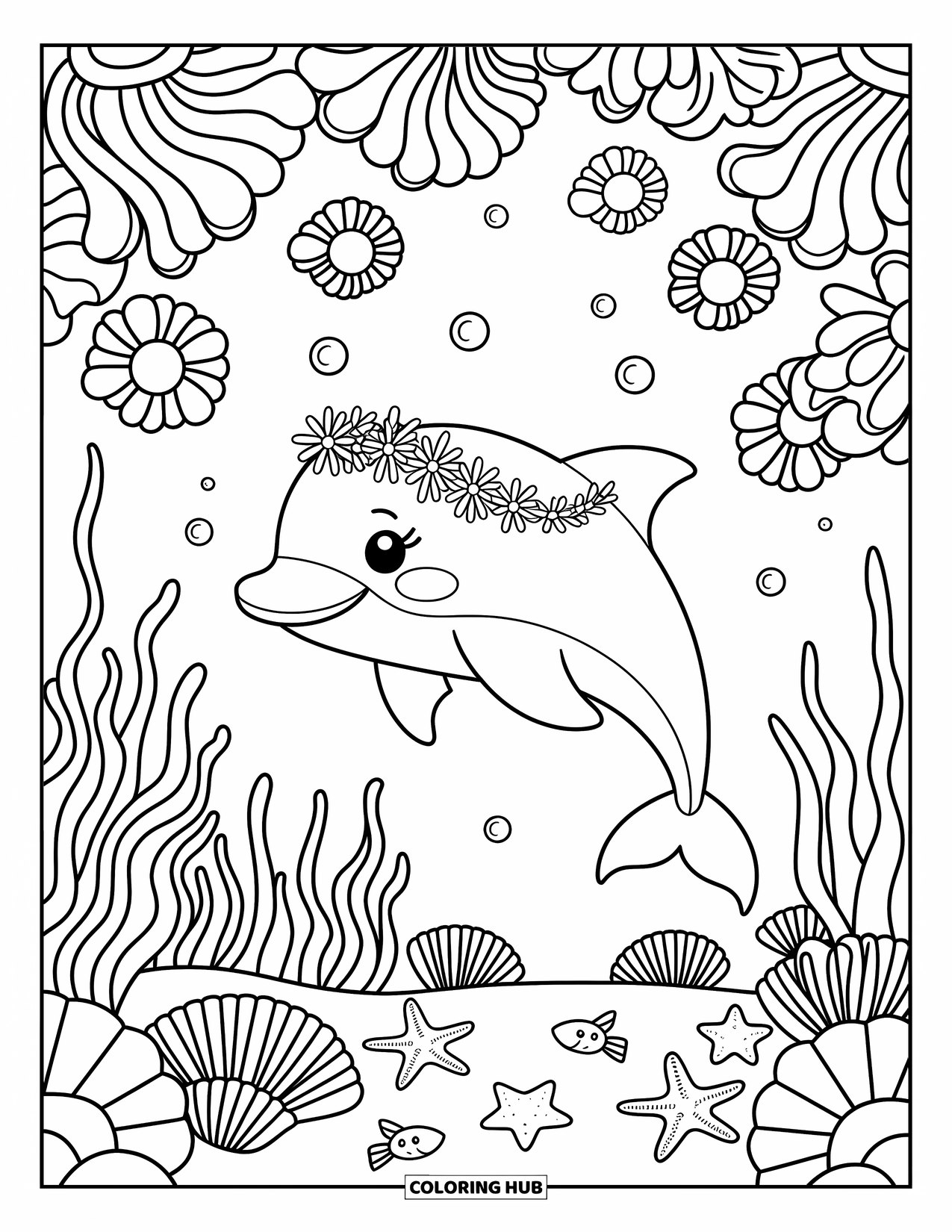 Dolphin Coloring Page for Adults: A dolphin swims gracefully through coral with a flower crown and playful fish