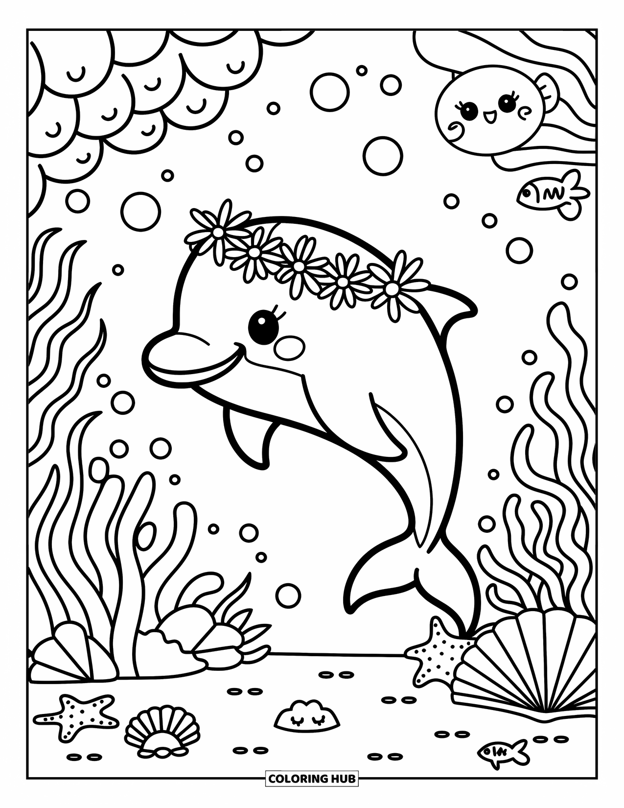 Dolphin Coloring Page for Adults: A dolphin wearing a flower crown explores a coral garden with fish and starfish